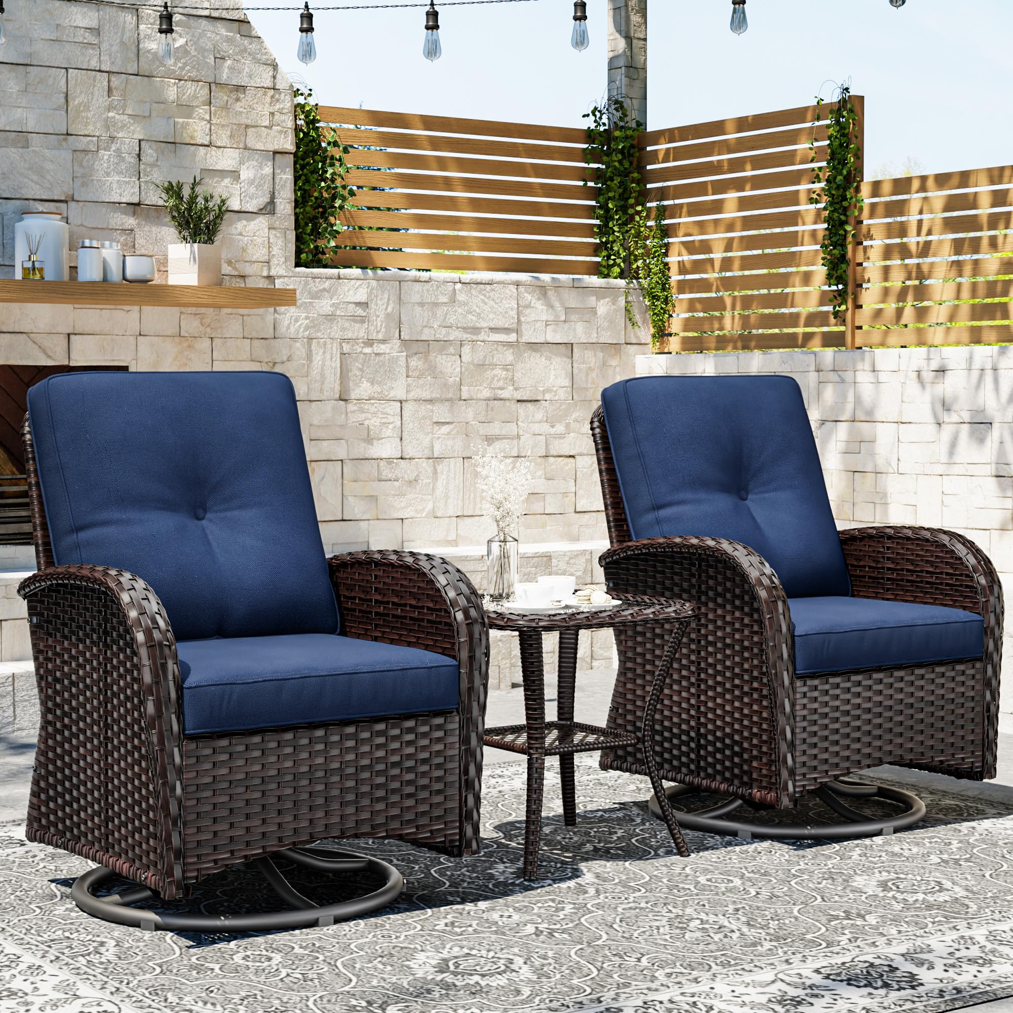 Joyside 3-Piece Outdoor Swivel Rocker Chair Set with Thick Cushions & Side Table - Brown/Blue Rattan Wicker Patio Furniture for Porch, Deck, Garden, Poolside & Backyard Relaxation