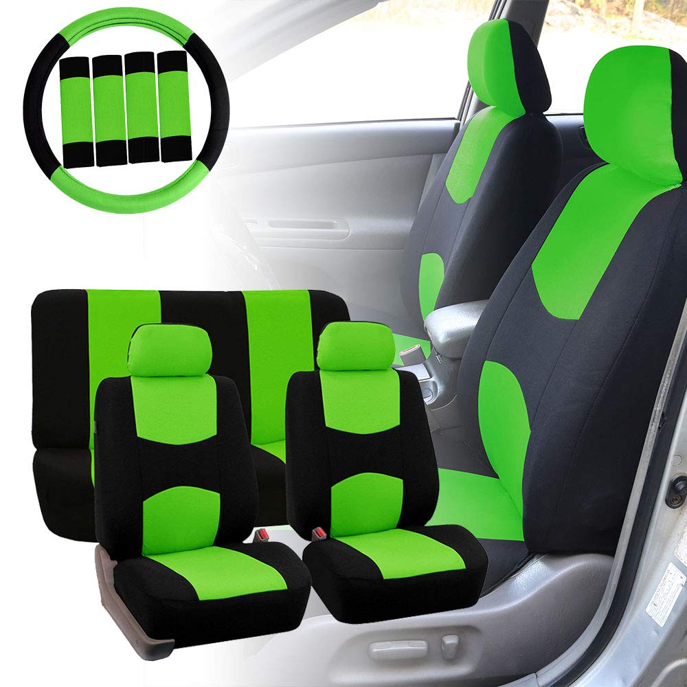 TLH Automotive Universal Car Seat Covers Full Set with Steering Wheel Cover & Seat Belt Pads - Premium Flat Cloth Interior Accessories for Cars, Trucks & SUVs (Green) | Perfect for Road Trips, Daily Commutes & Vehicle Protection