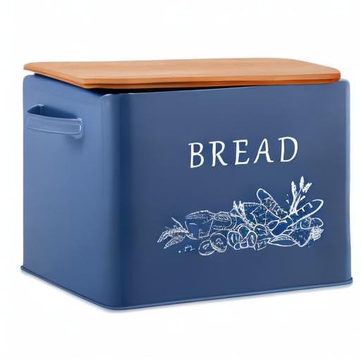 Farmhouse Style Extra Large Metal Bread Box with Bamboo Lid - 13” x 7.2” x 9.8” Navy Blue Bread Storage Container for Kitchen Countertop | Perfect for Bread, Baguettes & Pastries - Rustic Kitchen Organization & Decoration