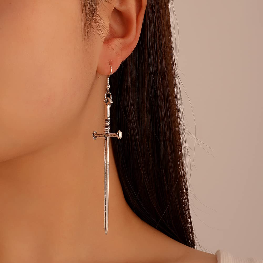 WEENKEEY 2 Pairs Gothic Dagger Sword Earrings - Retro Long Sword Hook Punk Knife Dangle Drop Earrings for Women & Girls (Silver & Black) | Perfect for Halloween, Cosplay, Gothic Fashion and Punk Outfits