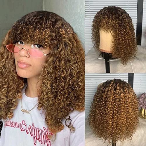 Brazilian Virgin Human Hair Wig 12 Inch - #4T30 Auburn Ginger Ombre with Brown, 150% Density, Glueless Curly Bob Wig with Bangs | Perfect for Cosplay, Daily Wear & Fashion Styling