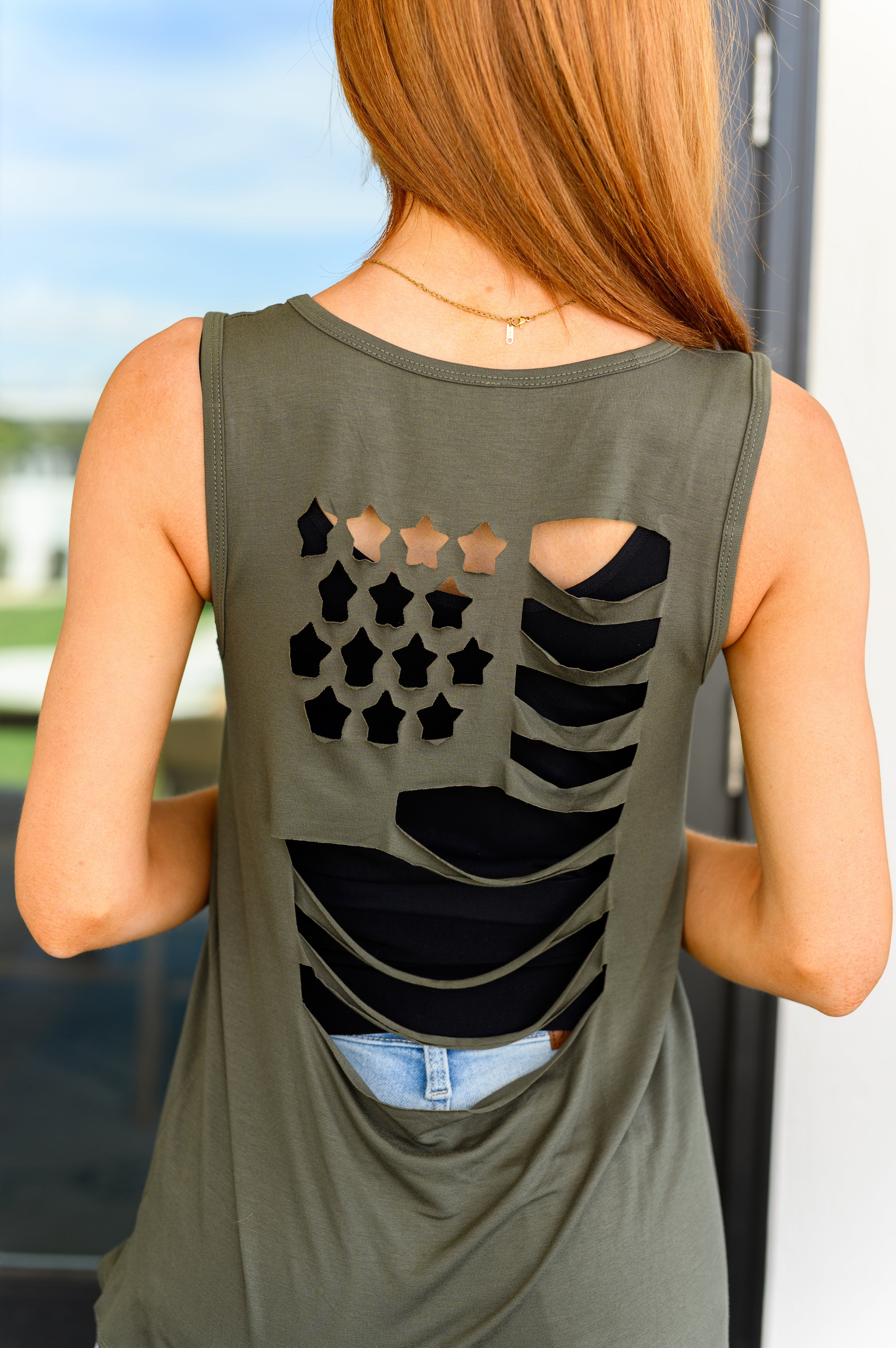 Land of the Free Olive Green Tank Top - Patriotic American Flag Graphic Tee for Men & Women | Casual Wear, 4th of July Outfits, Summer Street Style
