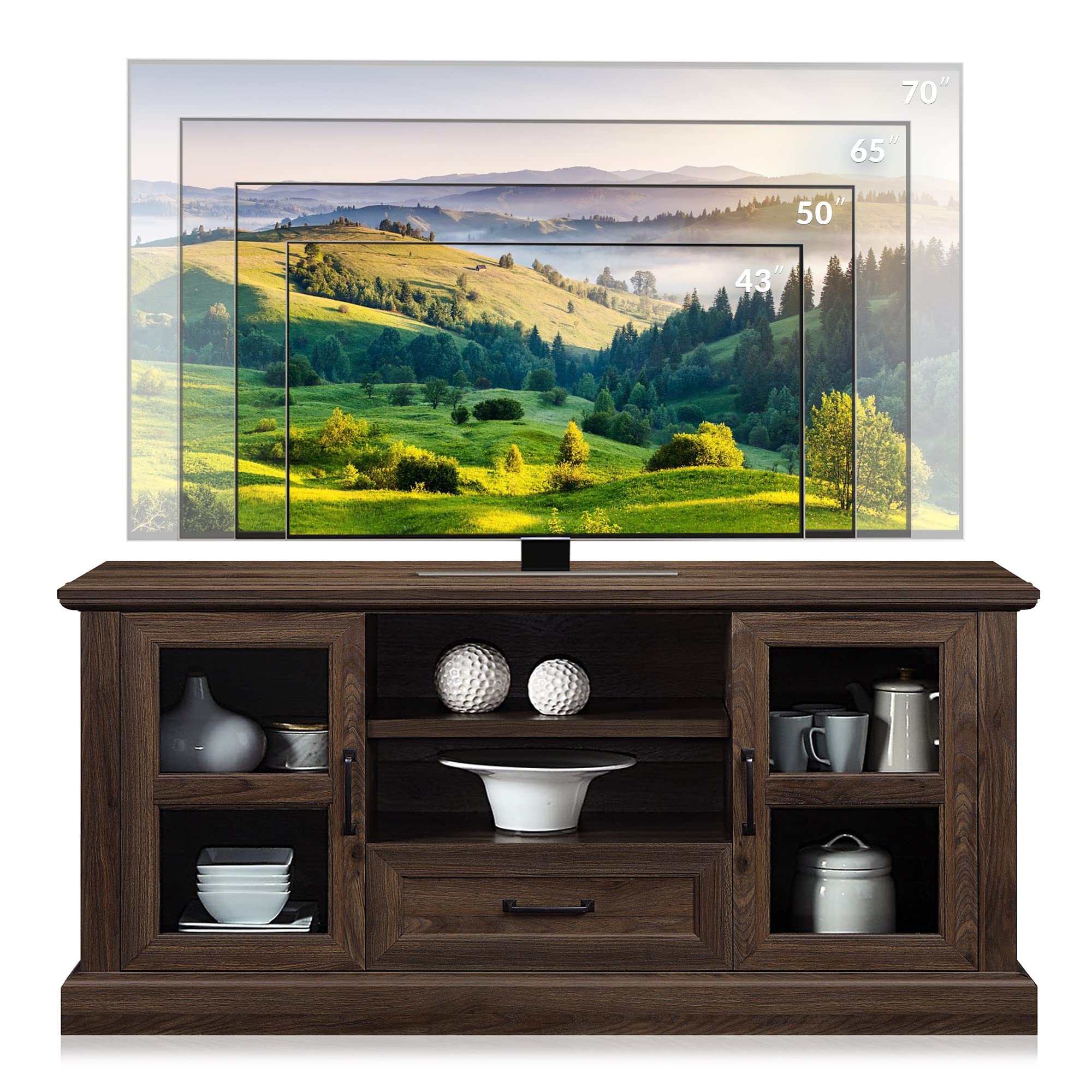 BELLEZE Rustic 62 Inch Modern TV Stand for 70 Inch TVs - Dark Walnut Entertainment Center with Adjustable Shelves & Glass Cabinet Doors - Perfect for Living Room, Bedroom & Home Theater Setup