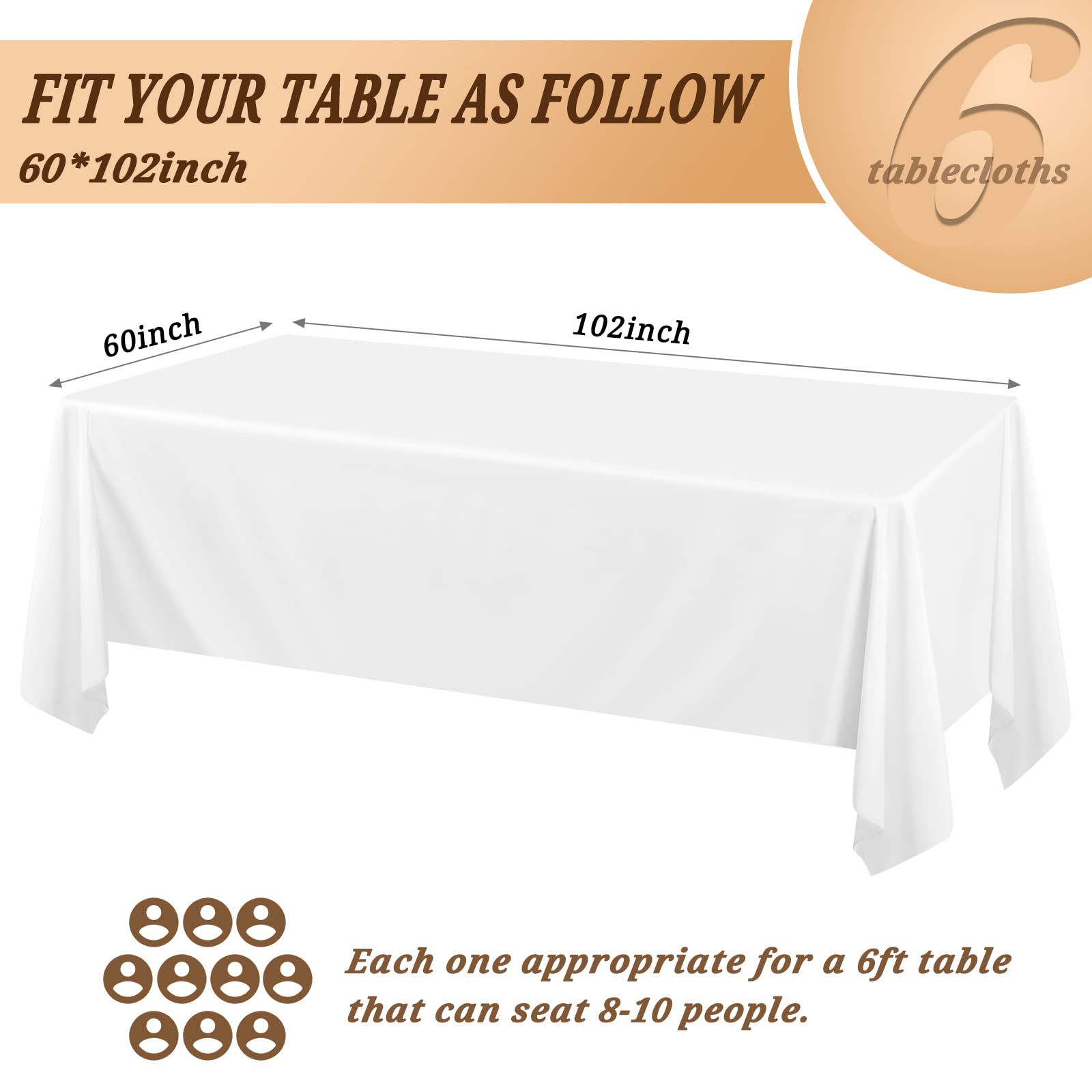 Pesonlook 6-Pack White Polyester Tablecloths 60 x 102 Inch - Rectangle Washable Table Cover for 6ft Tables, Wedding, Banquet, Party & Home Dining - Durable Polyester Fabric for Easy Cleaning & Reuse