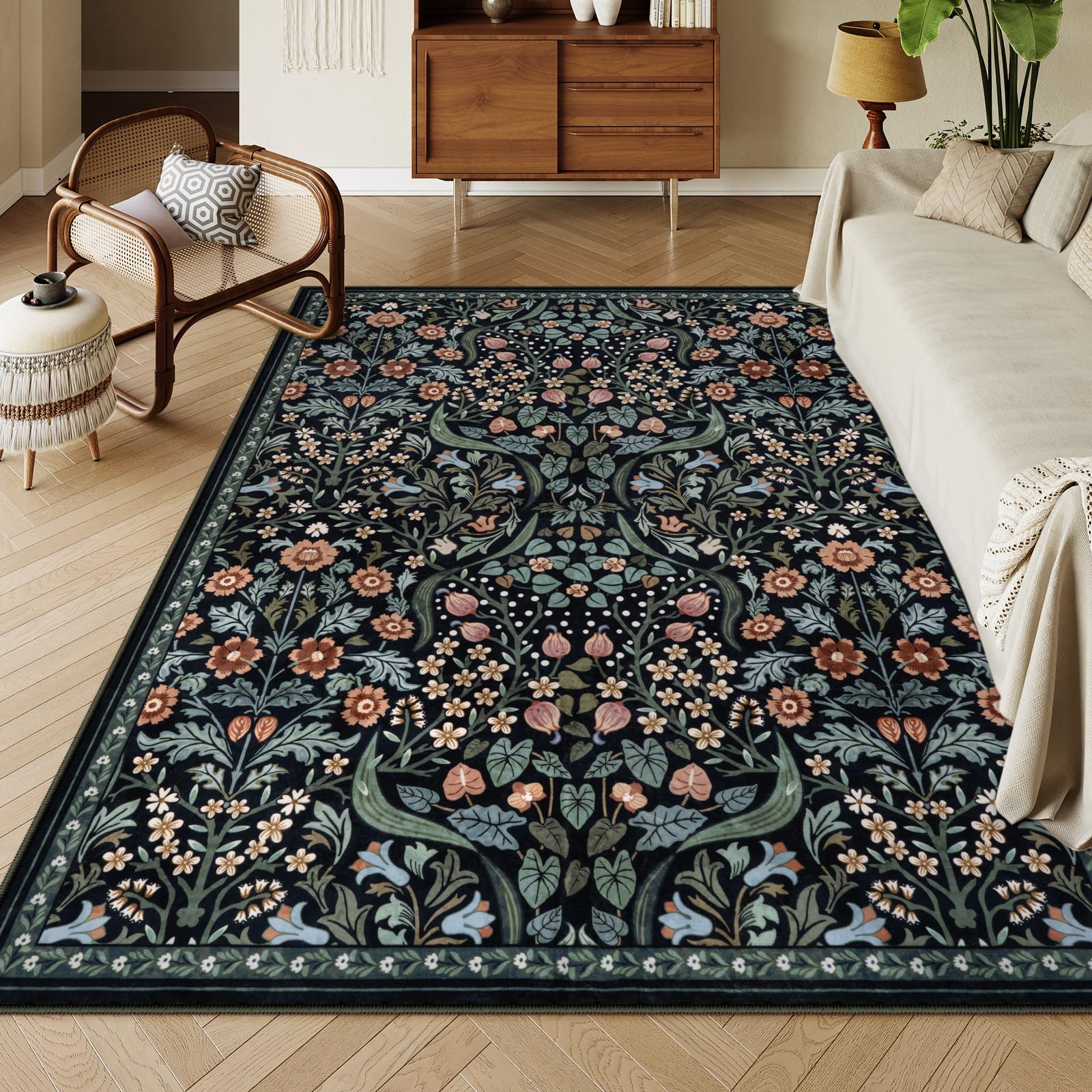Premium Moynesa Floral Washable Rug 8x10 - Soft Boho Area Rug for Living Room, Bedroom, Dining Room & Office - Non-Slip Ultra Thin Floor Carpet in Black - Perfect for Home Decor, Nursery & High-Traffic Areas