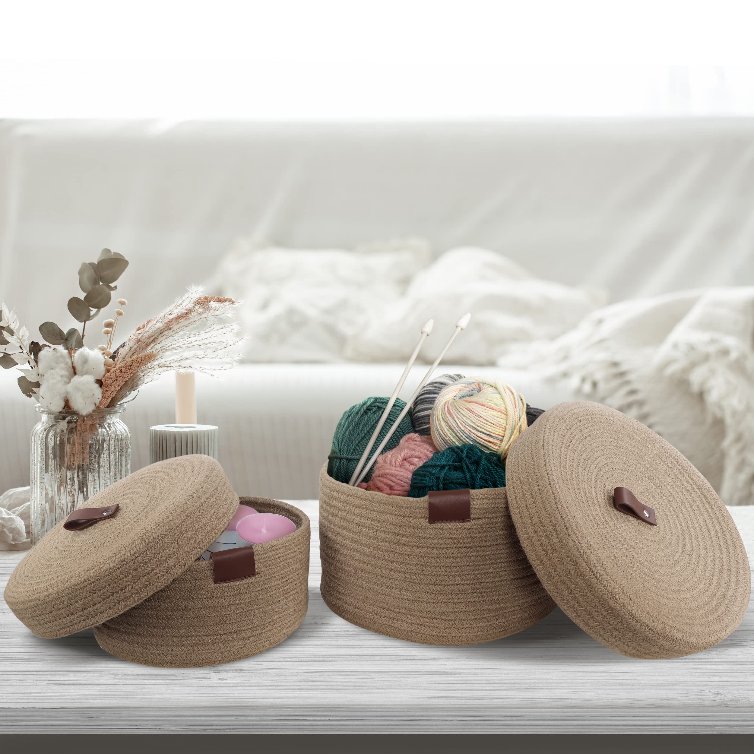 7Penn 2-Piece Round Jute Rope Storage Basket Set with Lids & Leather Handles - Natural Woven Decorative Baskets for Home Organization, Nursery, Bathroom & Living Room Storage