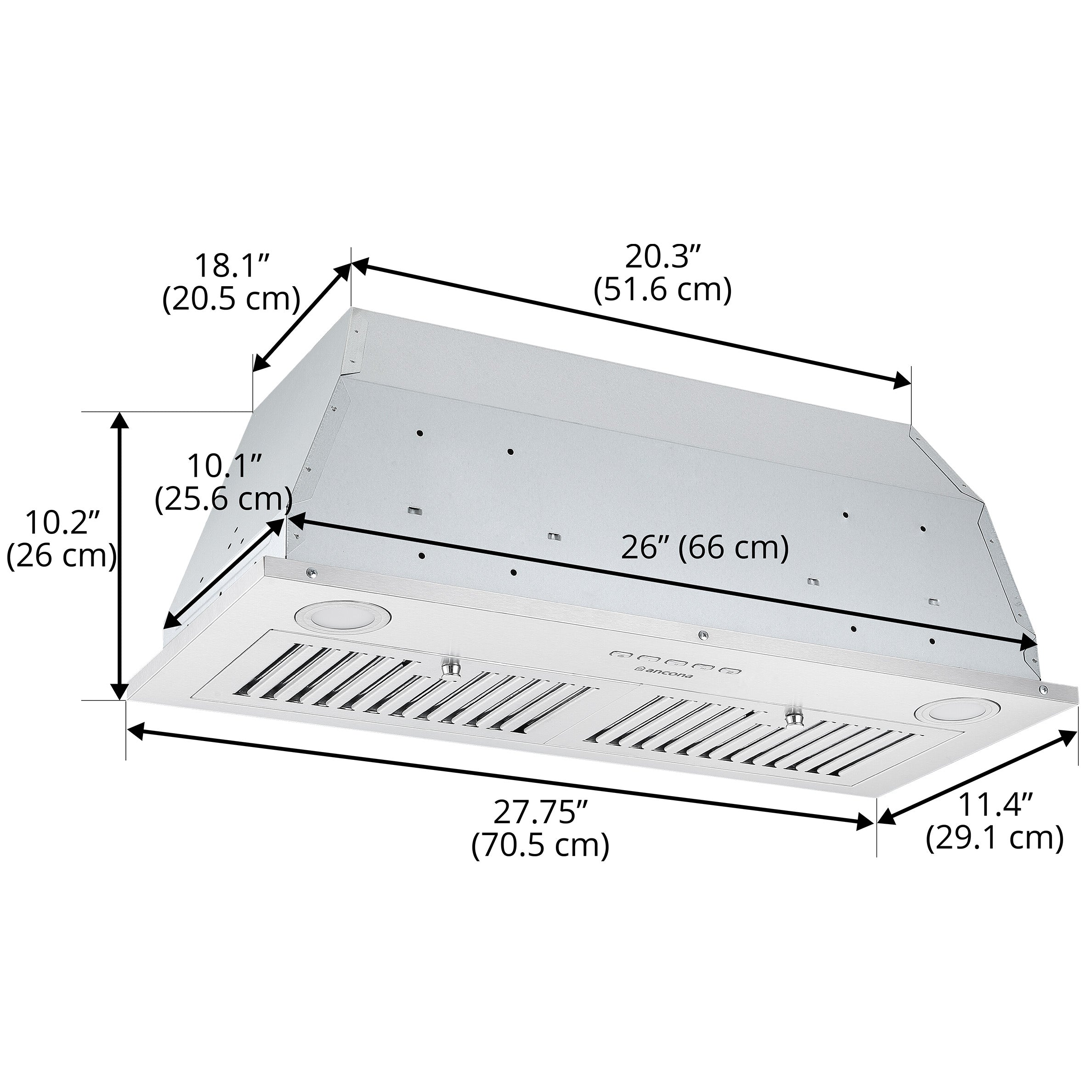 Ancona 28-inch 600CFM Stainless Steel Built-In Range Hood - Powerful Kitchen Ventilation for Smoke & Odor Removal - Perfect for Modern Home Cooking & Grilling
