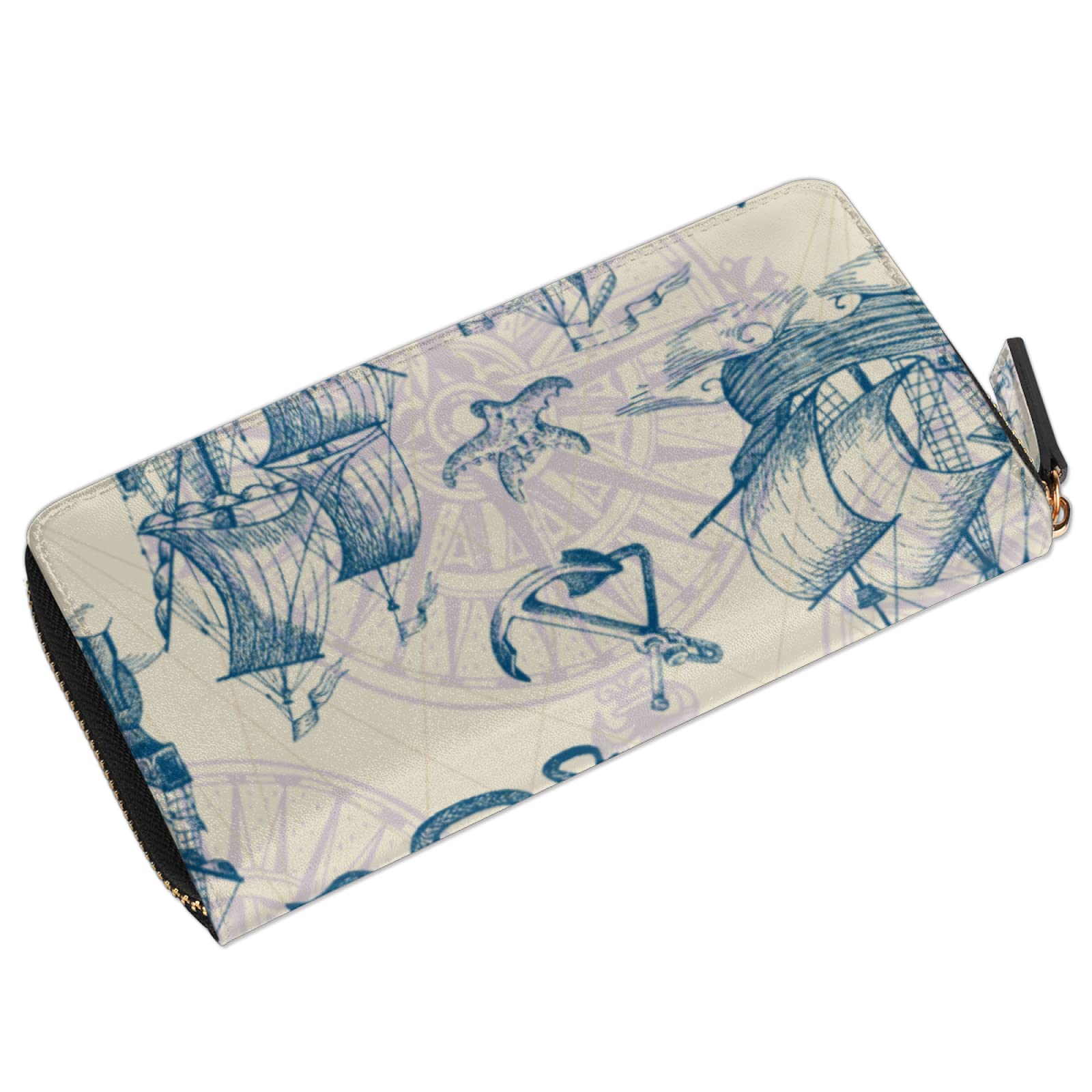 Vintage Nautical Sailboat Leather Wallet for Women - Large Credit Card Holder with Zipper Coin Purse & Phone Pocket - Slim Bifold Wallet for Everyday Use, Travel, and Gifts