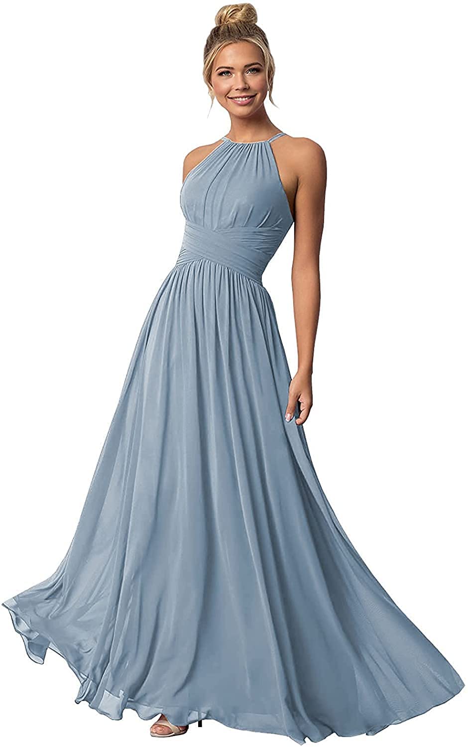 Elegant Halter Chiffon Long Bridesmaid Dresses for Wedding - Women's Formal Ruched A-line Evening Gown - Perfect for Weddings, Proms & Special Occasions