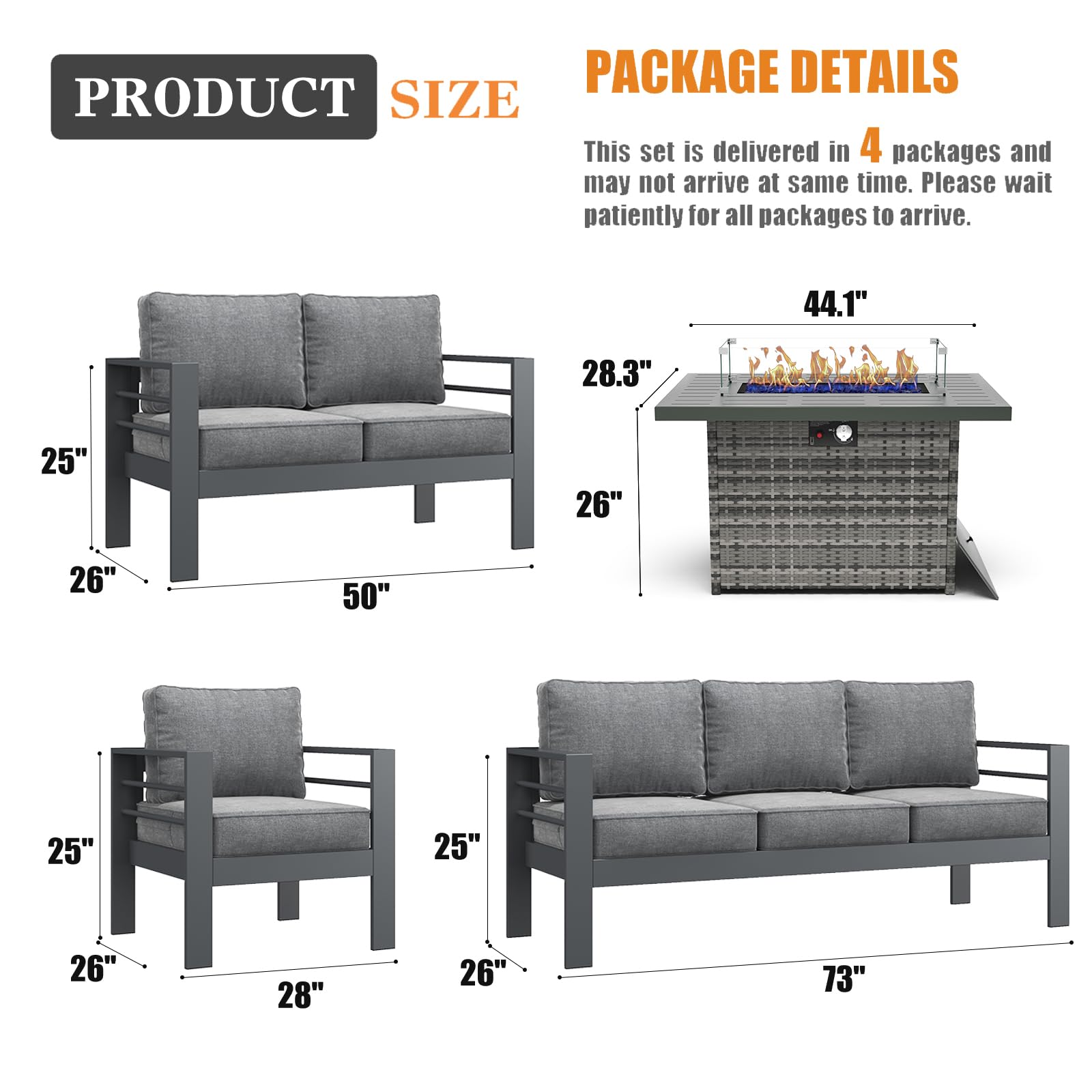 5-Piece Modern Aluminum Patio Furniture Set with Fire Pit Table - Outdoor Metal Sectional Sofa Conversation Set for Backyard, Garden, and Poolside Relaxation