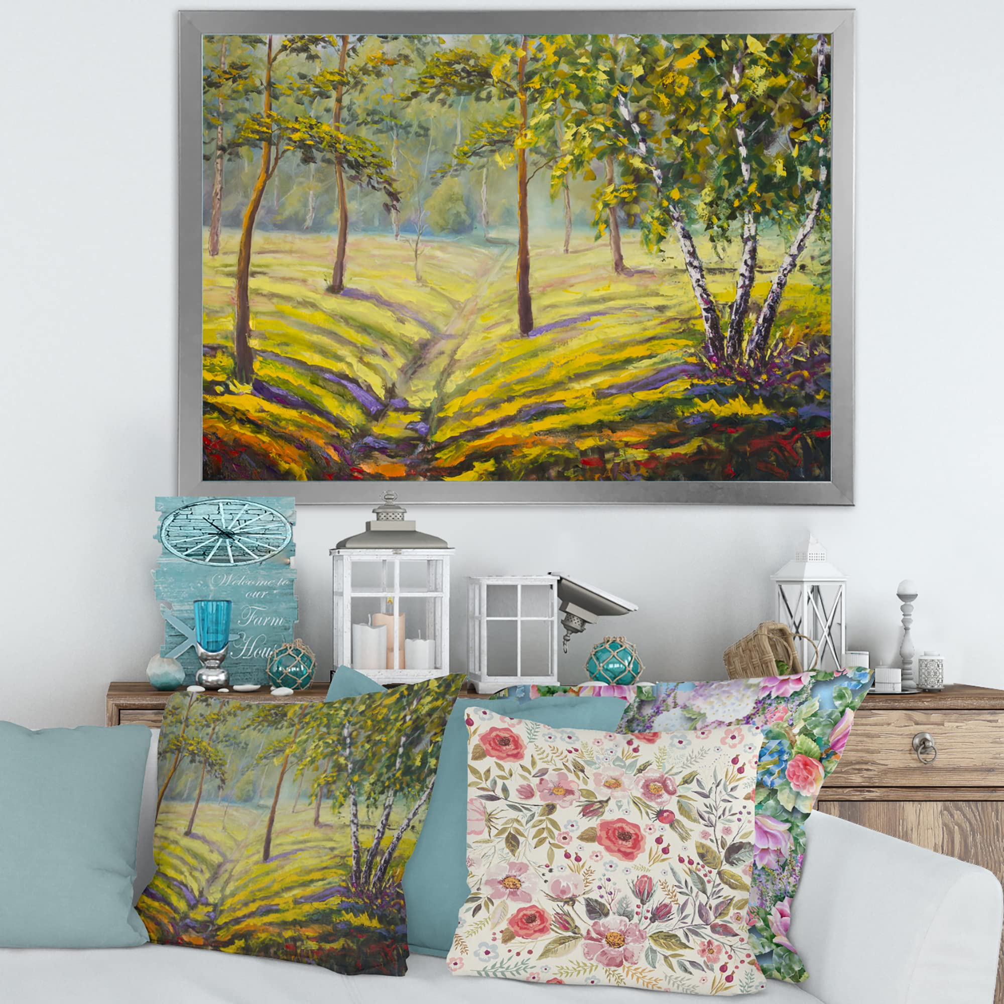 Pine Trees and Bushes In The Forest II Framed Wall Art - Nature Landscape Painting for Living Room, Bedroom & Office Decor