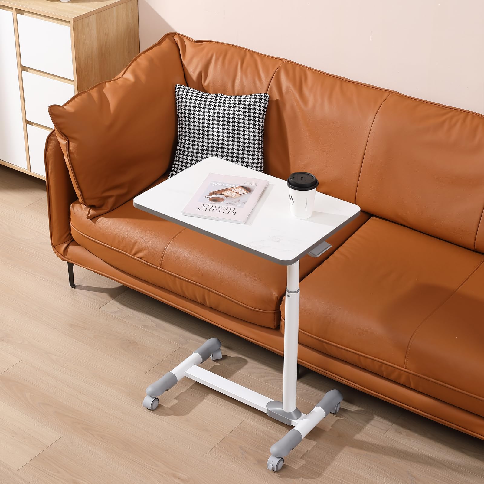 ETHU Compact Overbed Table with Wheels - Adjustable Rolling Tray Table for Hospital Bed, Laptop Desk, Breakfast in Bed - Perfect for Patients, Elderly Care & Home Office Use (White)