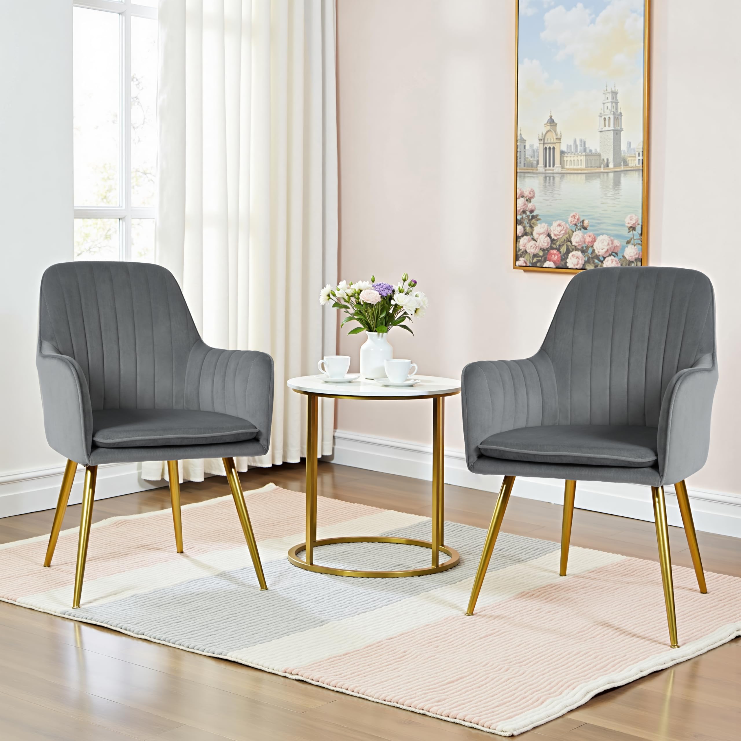 Mid Century Modern Velvet Dining Chairs Set of 2 - Upholstered Kitchen & Living Room Accent Chairs with Metal Legs - Grey | Perfect for Dining Room, Breakfast Nook & Home Office Decor