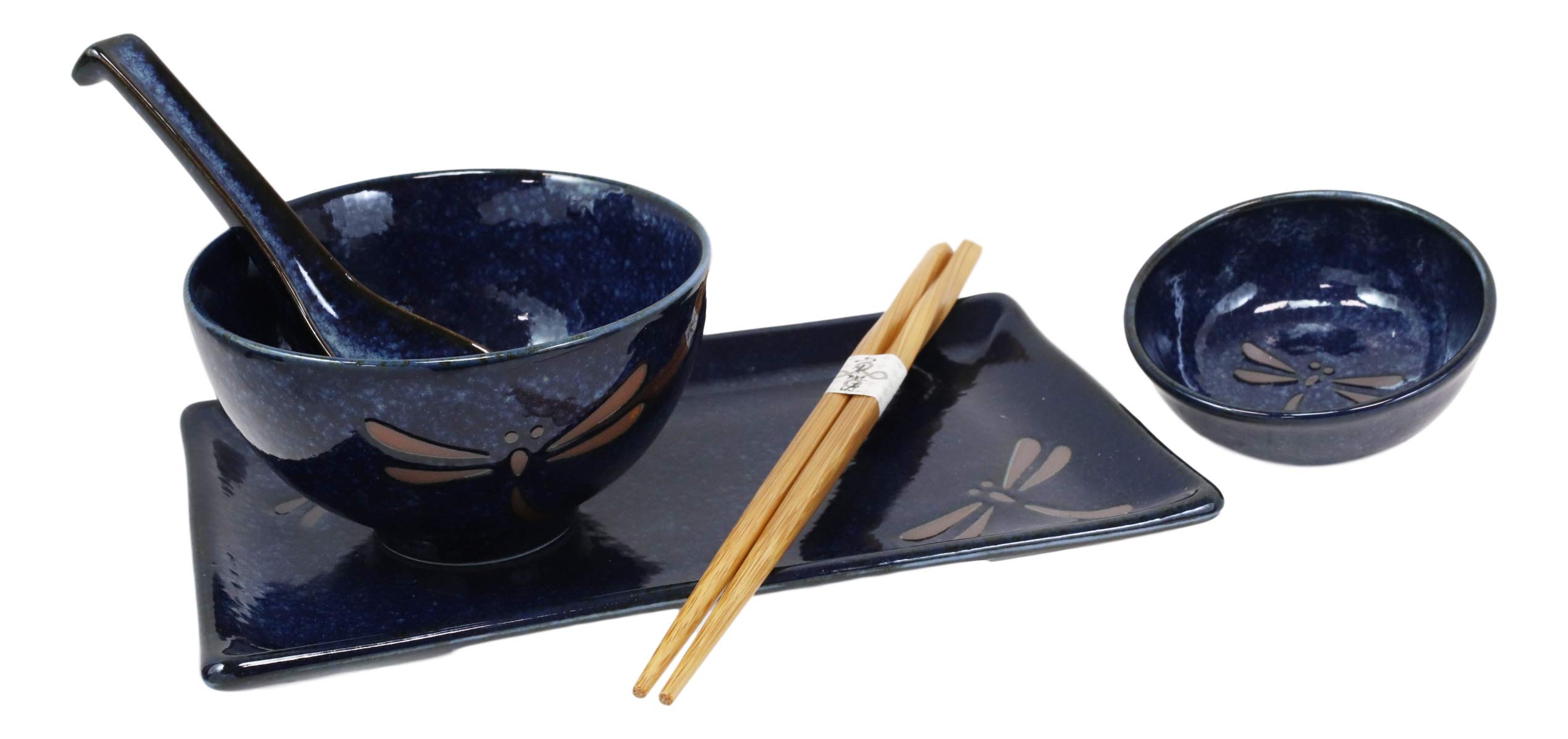 Ebros Gift Japanese Mino Ware Tombo Dragonfly Blue Porcelain 10-Piece Sushi Dinnerware Set for 2 - Includes Sushi Plates, Soup Bowls, Sauce Bowls, Bamboo Chopsticks & Asian Soup Spoons | Authentic Japanese Dining Experience, Perfect for Sushi Nights, Asian-Themed Dinners & Housewarming Gifts