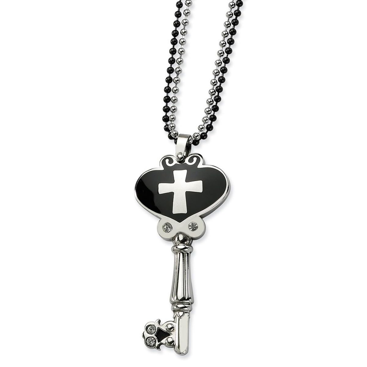 Stainless Steel Lobster Claw Clasp Black Enamel Polished Key Necklace with CZ Cubic Zirconia Simulated Diamonds - 28 Inch Double Chain Necklace for Women & Men - Perfect for Casual Wear, Date Nights & Gift Giving