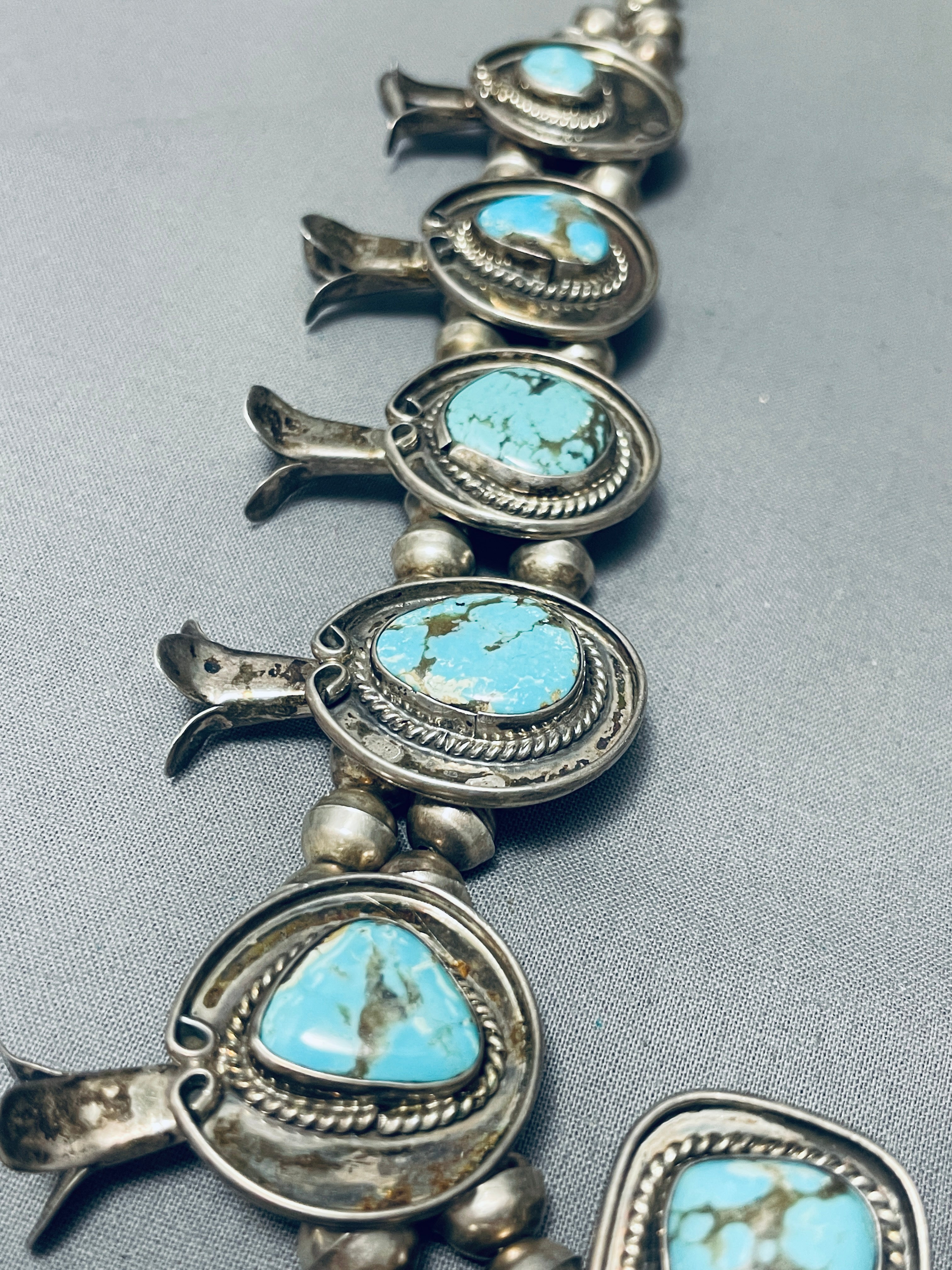 Authentic Vintage Navajo Sterling Silver Squash Blossom Necklace with Turquoise - 200g Handmade Native American Jewelry for Women - Perfect for Boho Fashion, Weddings & Special Occasions