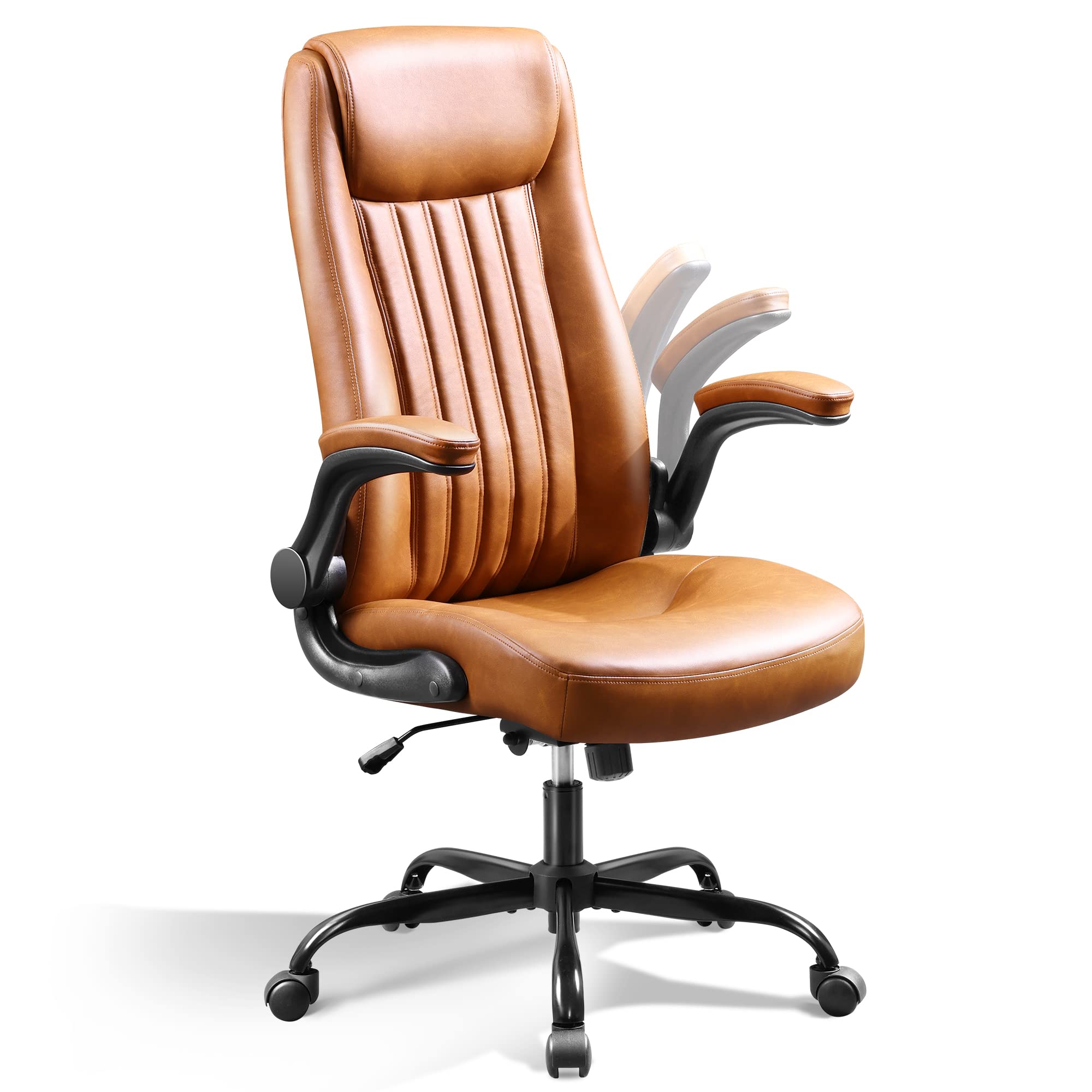 DEVAISE Ergonomic Office Chair - High Back Computer Desk Chair with Adjustable Flip-up Armrests, Lumbar Support & Thick Headrest - Executive Swivel Task Chair for Home & Office (Brown) - Perfect for Long Work Hours, Gaming & Remote Work