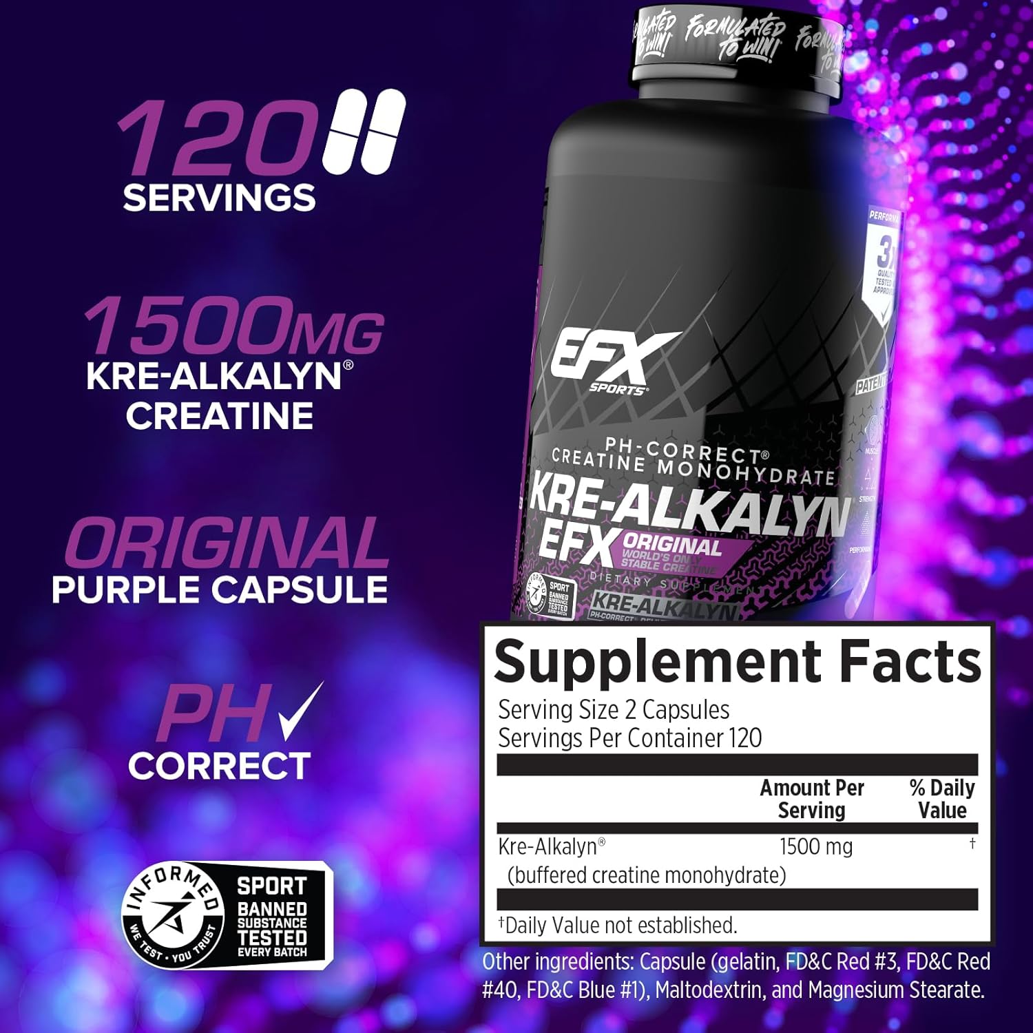 EFX Sports Kre Alkalyn EFX - 120 Capsules | Creatine Supplement for Muscle Growth, Strength & Performance | Pre-Workout & Post-Workout Recovery