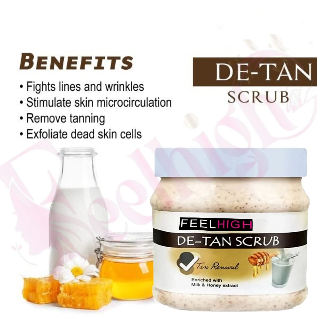 Feelhigh De Tan Tan Removal Scrub with Milk & Honey Extract 500ml + Chocolate Scrub with Olive Oil 500ml - Exfoliating Body Scrub for Men & Women - Brightens Skin & Removes Dead Cells - Perfect for Daily Skincare Routine & Spa Treatments