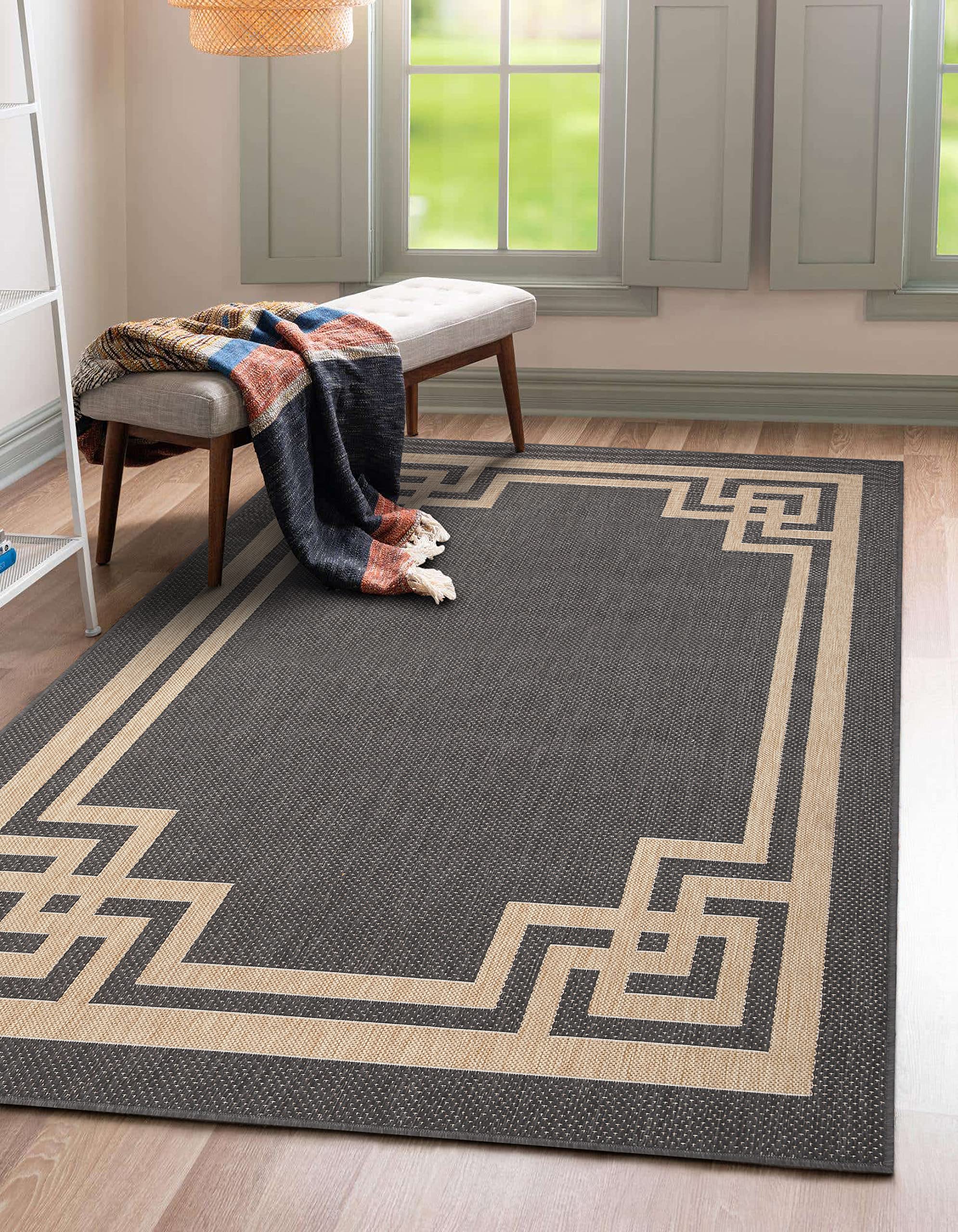 Modern Bordered Indoor/Outdoor Area Rug - Weather-Resistant 8x10 Gray Carpet for Porch, Deck, Balcony, Backyard & Patio - Perfect for Outdoor Entertaining & High-Traffic Areas