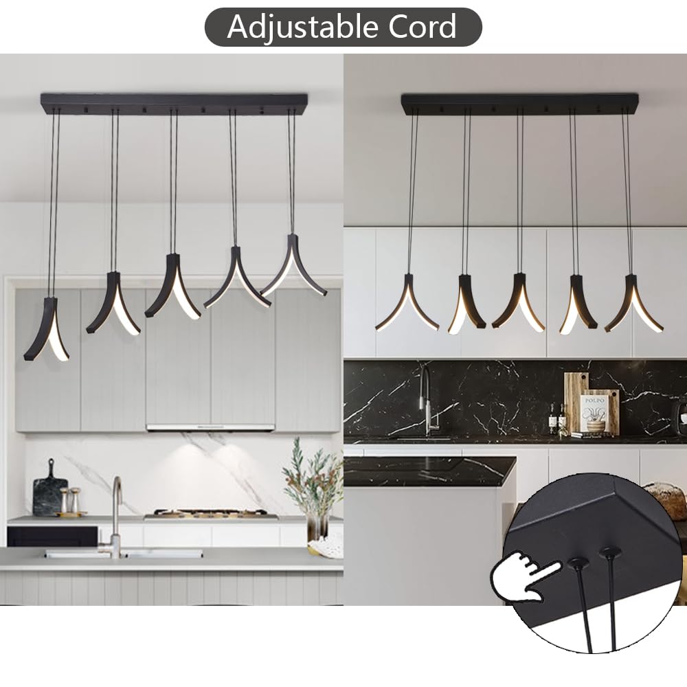 Modern 5-Light Linear Pendant Light Fixture - Dimmable LED Black Hanging Light for Kitchen Island, Dining Room & Living Room | 3000K Warm White | Perfect for Contemporary Home Decor & Restaurant Lighting