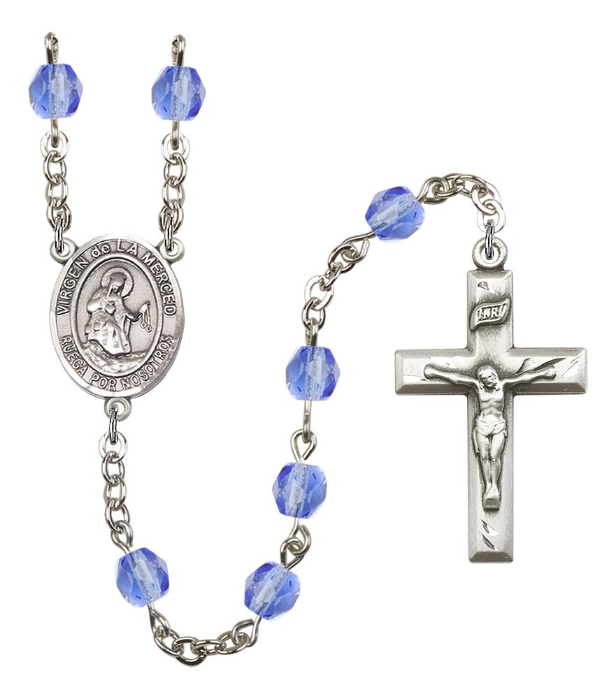 Silver Plated Rosary with 6mm Sapphire Fire Polished Beads - 1 3/8 x 3/4 Inch Crucifix & Virgen de la Merced Medal Centerpiece | Perfect for Catholic Prayer, Religious Gifts, and Spiritual Devotion
