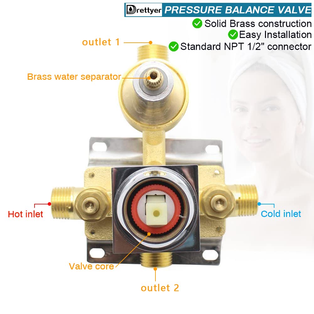 2-Way Solid Brass Shower Diverter Valve Mixer with Chrome Finish - Rough-In Shower Handle Valve Replacement Kit for Bathroom & Shower Renovation