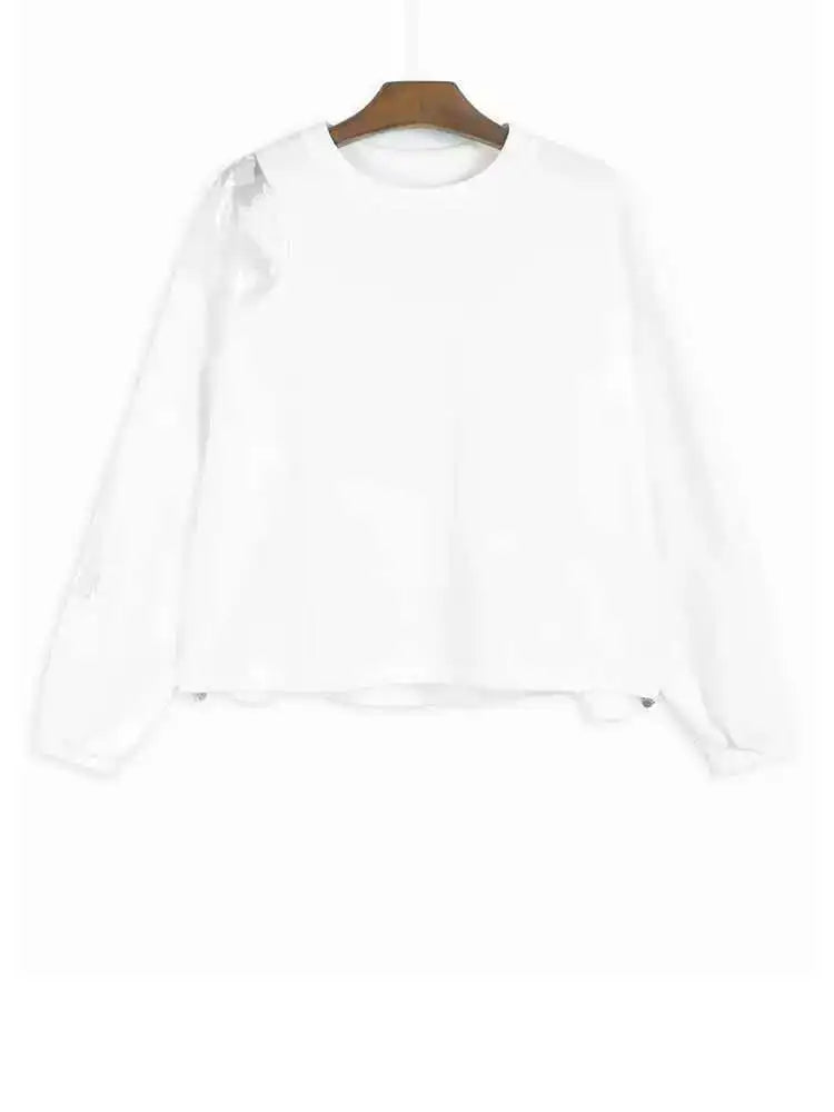 Black Lace Hollow Out Casual Sweatshirt for Women - Round Neck Long Sleeve Oversized Fashion Top - Spring Autumn 2025 Trendy Outfit - Perfect for Date Night, Office Wear & Casual Outings
