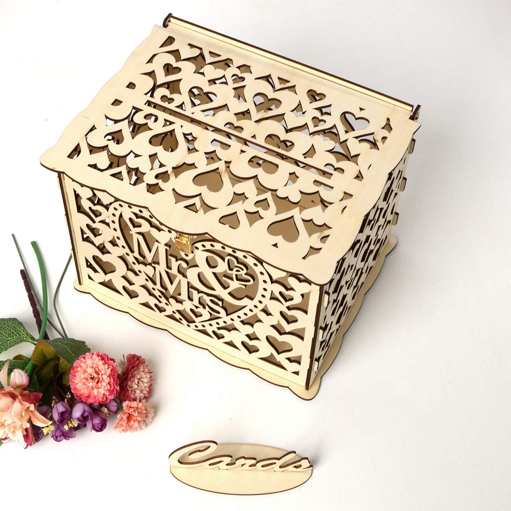 ELEOPTION Rustic Wooden Wedding Card Box with Lock & Sign - DIY Hollow Money Gift Holder for Reception, Anniversary, Baby Shower, Graduation Party Decor (Perfect for Birthday Celebrations & Special Events)