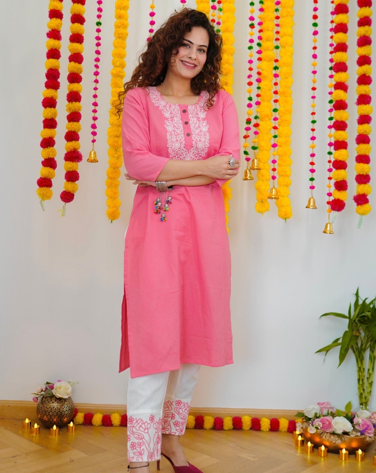 Elegant Pink and White Embroidered Kurta Set for Women | Traditional Indian Ethnic Wear | Perfect for Festivals, Weddings & Special Occasions