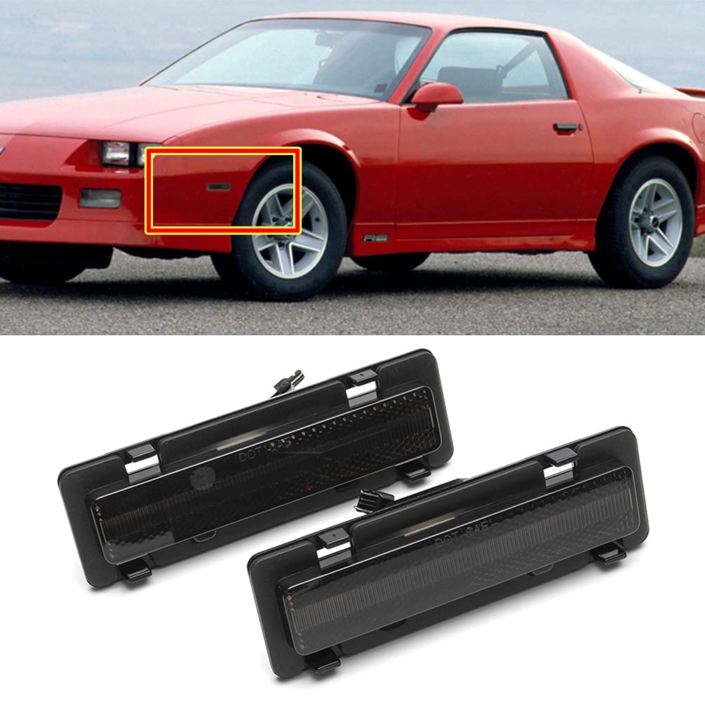 1982-1992 Chevy Camaro & Pontiac Firebird LED Side Marker Lights - Amber Turn Signal with Smoked Black Lens - Front Bumper Replacement Kit for Enhanced Visibility & Style (Day & Night Driving)