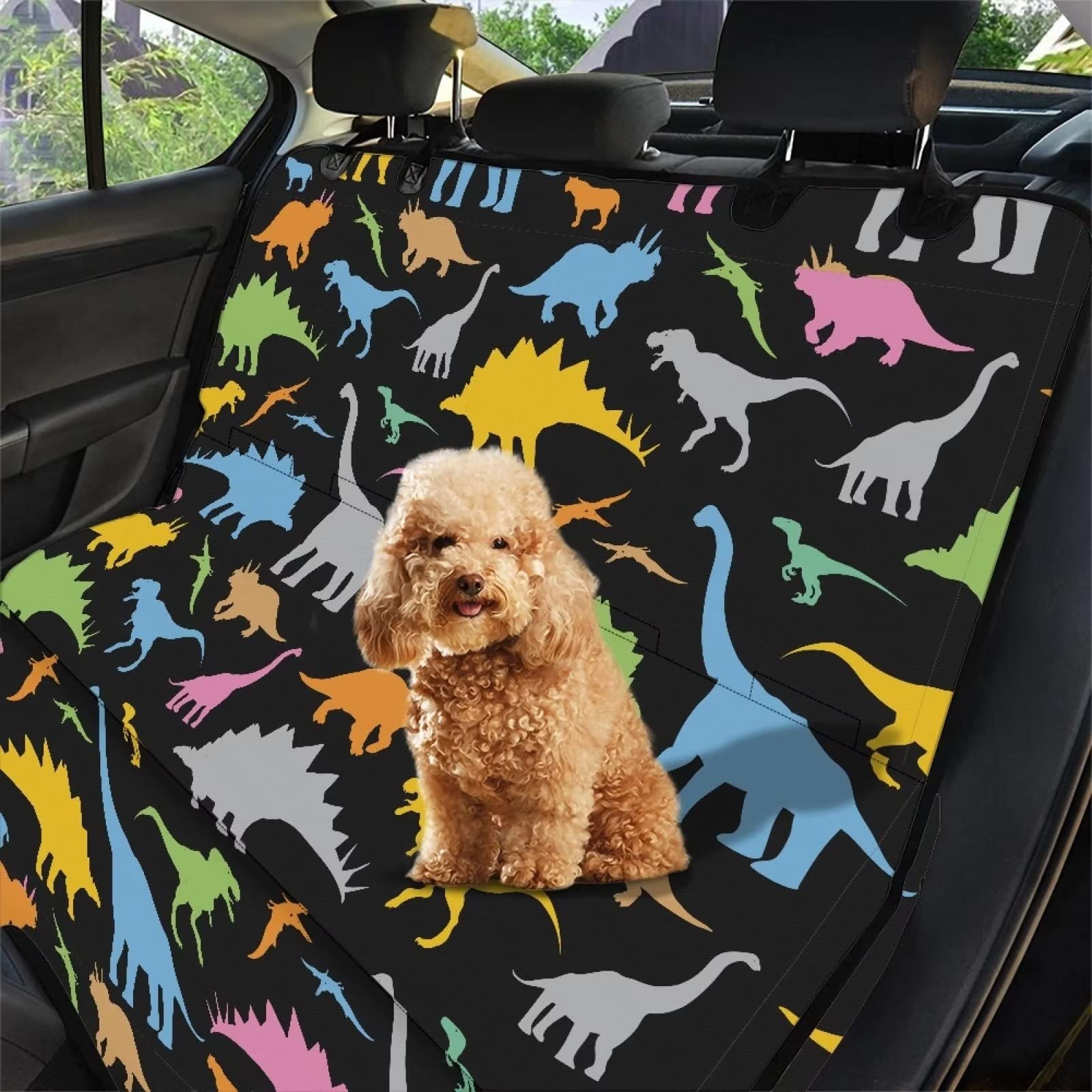 Dino Dog Car Seat Cover - XL Size Colorful Dinosaur Pet Travel Accessory for Back Seat Protection | Perfect for Road Trips & Daily Commutes with Pets