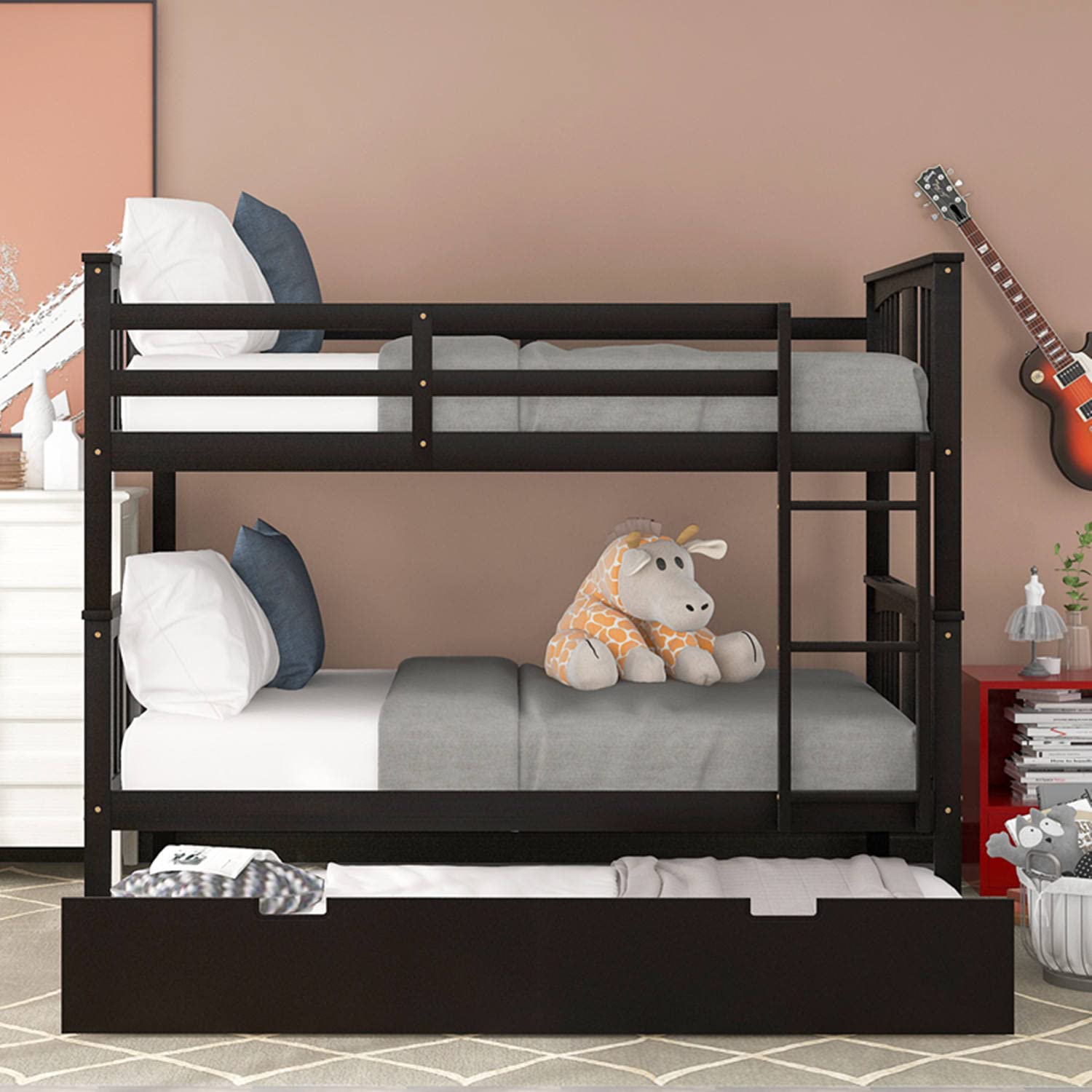 Solid Wood Full-Over-Full Bunk Bed with Twin Trundle - Sturdy Kids Bunk Bed Frame with Safety Guardrail & Ladder - Space-Saving Bunk Bed for Boys & Girls - Espresso Finish - Perfect for Small Bedrooms, Guest Rooms & Kids' Shared Spaces
