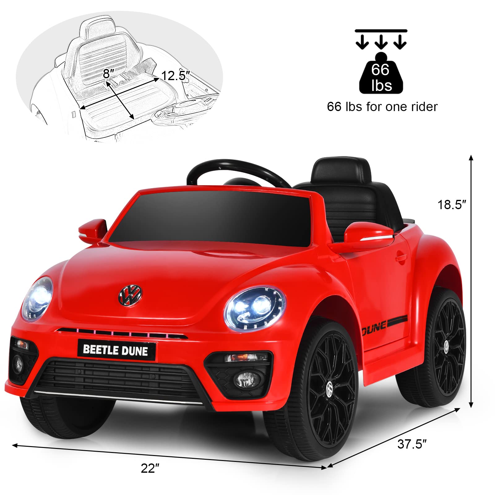 Costzon 12V Licensed Volkswagen Beetle Kids Ride-On Car with Remote Control - Electric Battery-Powered Vehicle for Boys & Girls, Spring Suspension, LED Lights, USB Port, Horn & Music - Perfect Birthday Gift & Outdoor Play Toy (Red)