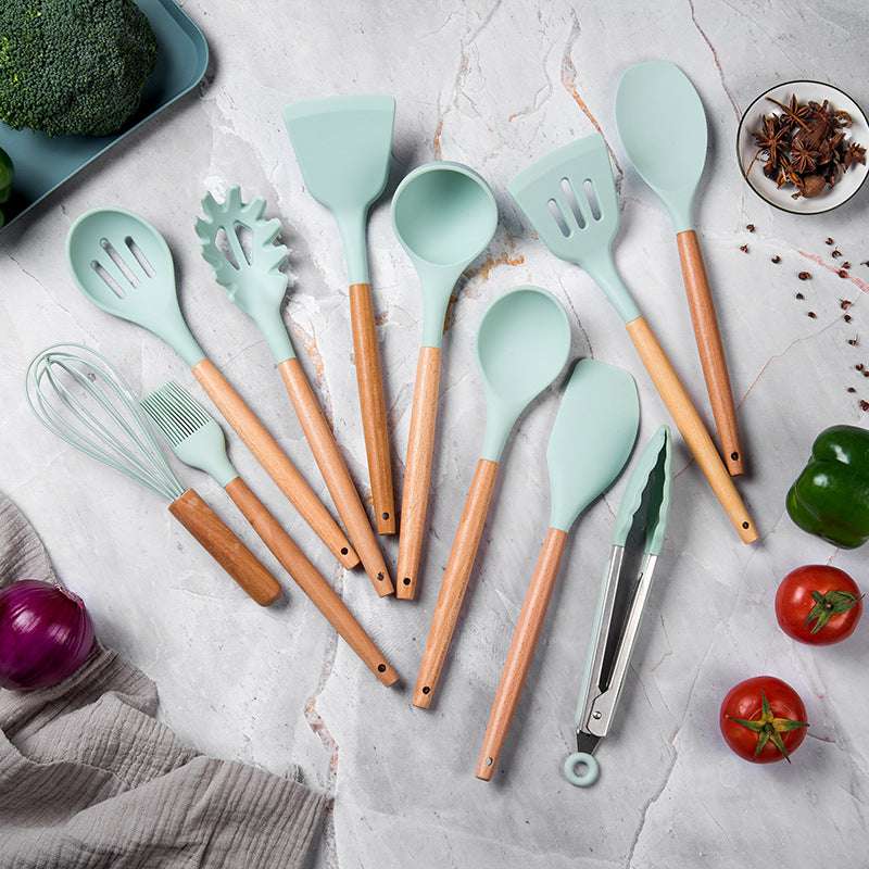 12-Piece Non-Toxic Silicone Cooking Utensil Set - Heat Resistant Kitchen Spatula, Spoon & Tongs in Mint Green - Perfect for Baking, Frying & Everyday Cooking