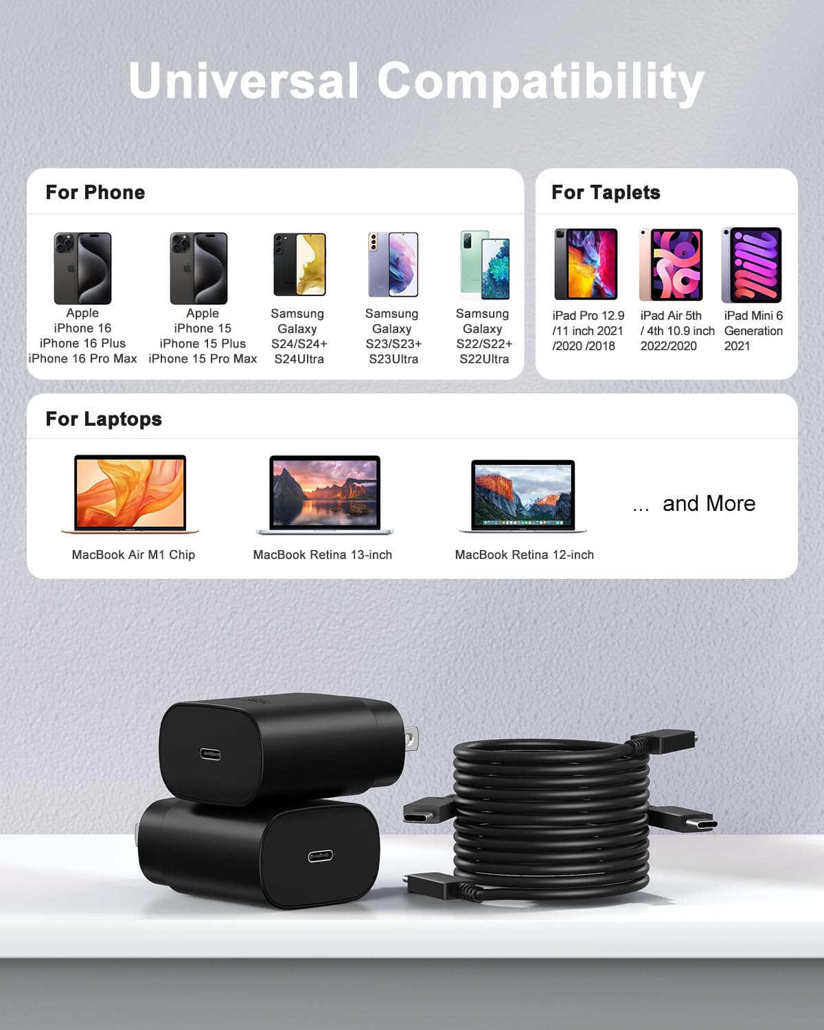 25W USB C Fast Charger Block 2-Pack with 6Ft Cable - Compatible with iPhone 15/16/Plus/Pro/Max & Galaxy S25/S24/Plus/Ultra - Super Fast Charging for Phones, Tablets & More - Perfect for Home, Office & Travel
