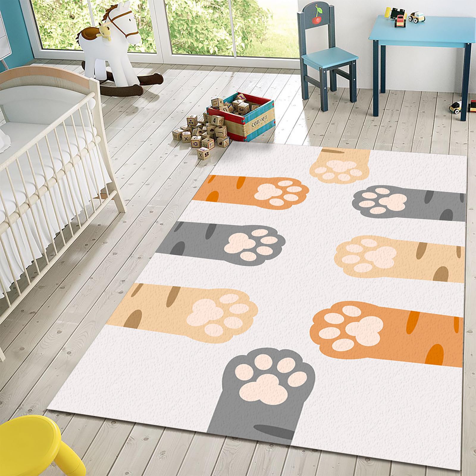 6x8ft Large Non-Slip Area Rug with Cute Cat Paw Prints - Soft Kids Nursery Rug for Classroom, Playroom & Teen Boys Bedroom Decor - Durable Floor Mat for Home, Lounge & Daycare Use