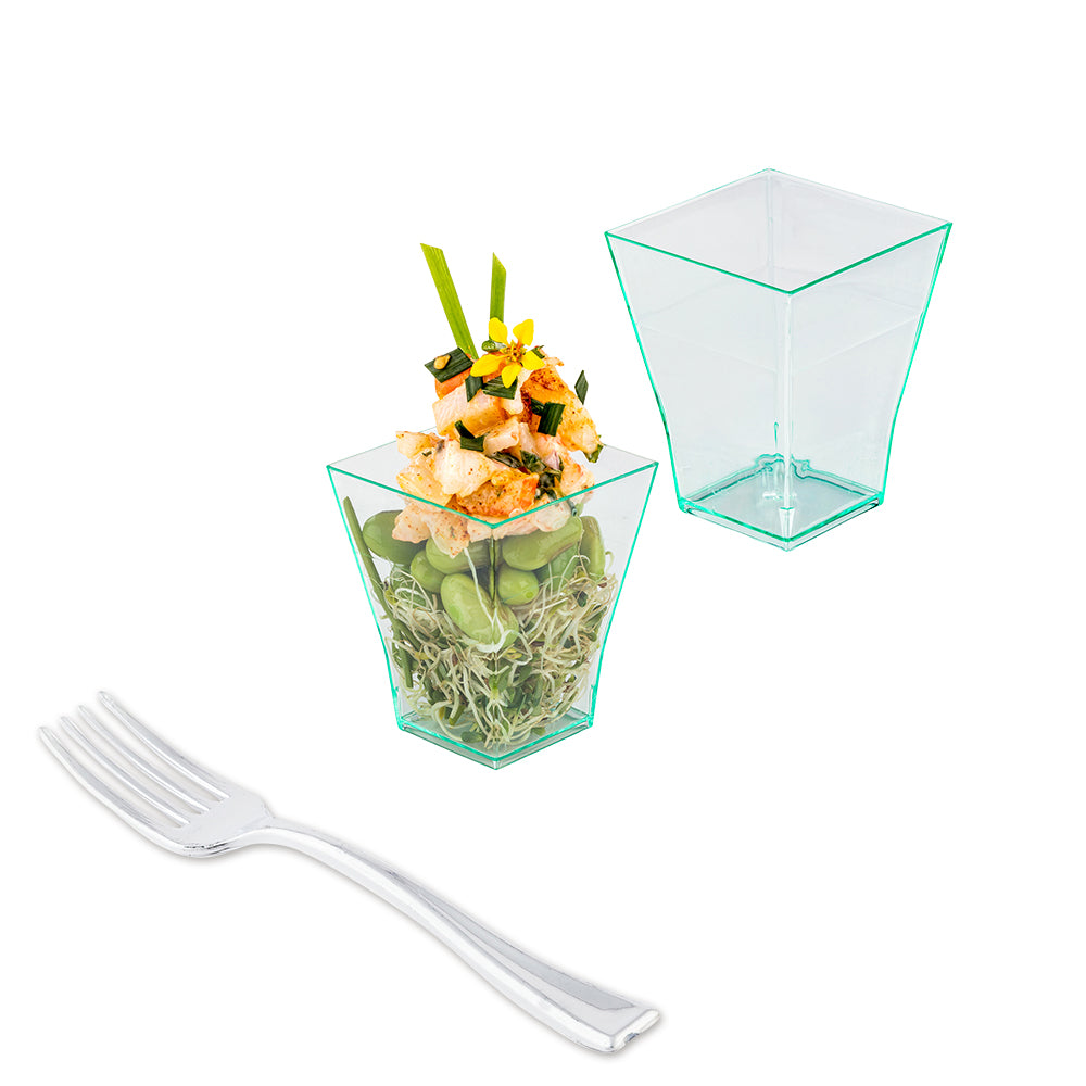100 Pack 2 oz Square Seagreen Plastic Bonito Cups with 100 Silver Mini Forks - Perfect for Party Appetizers, Sushi Serving, and Small Bite Desserts