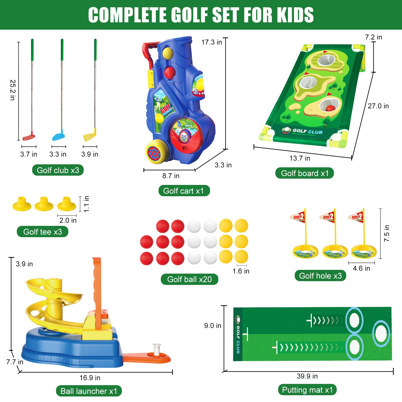 **Kids Golf Clubs Set for Toddlers Ages 3-7 - 2-in-1 Mini Golf Toy with Cart, Ball Launcher, 20 Balls, Putting Mat & Board - Indoor & Outdoor Sports Toys for Backyard, Playroom & Birthday Gifts**