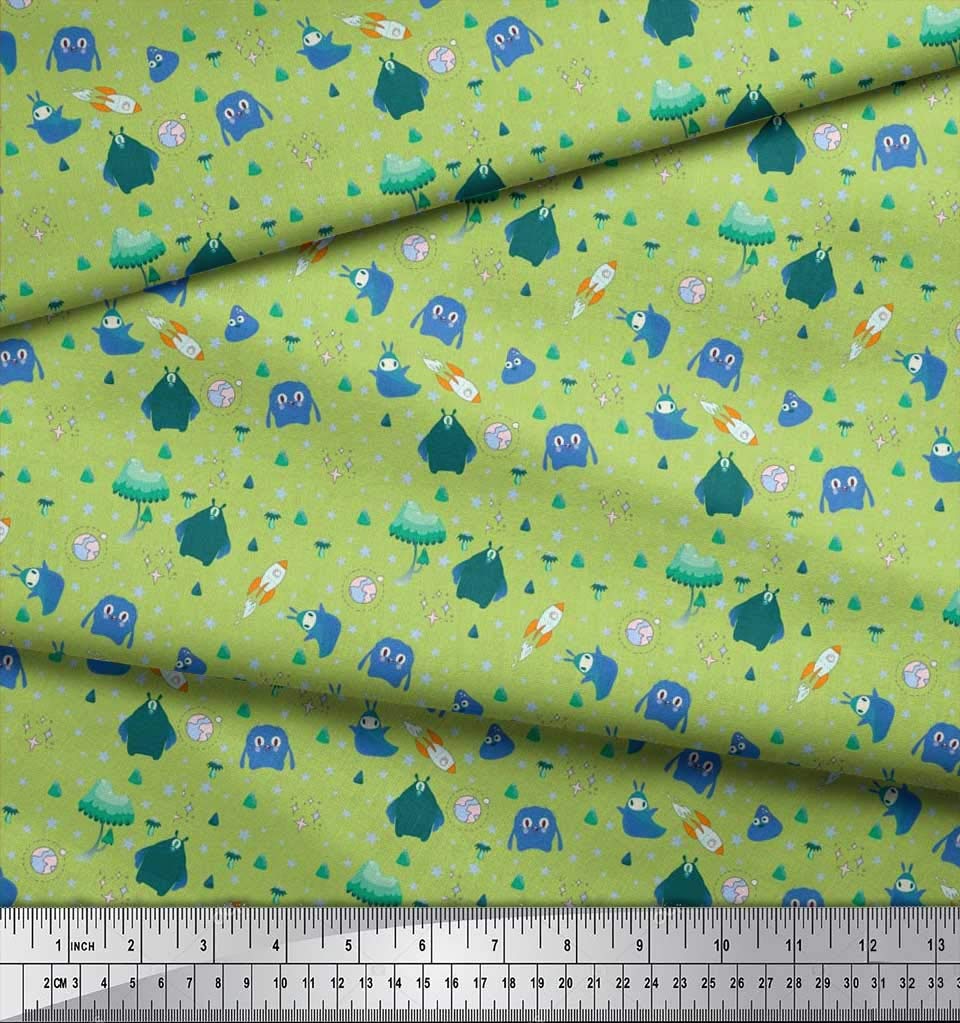 Soimoi 100% Cotton Voile Fabric - Green Star Planet Alien Print - 42 Inch Wide by The Yard - Soft Lightweight Material for DIY Dresses, Curtains, Quilting & Galactic Themed Crafts