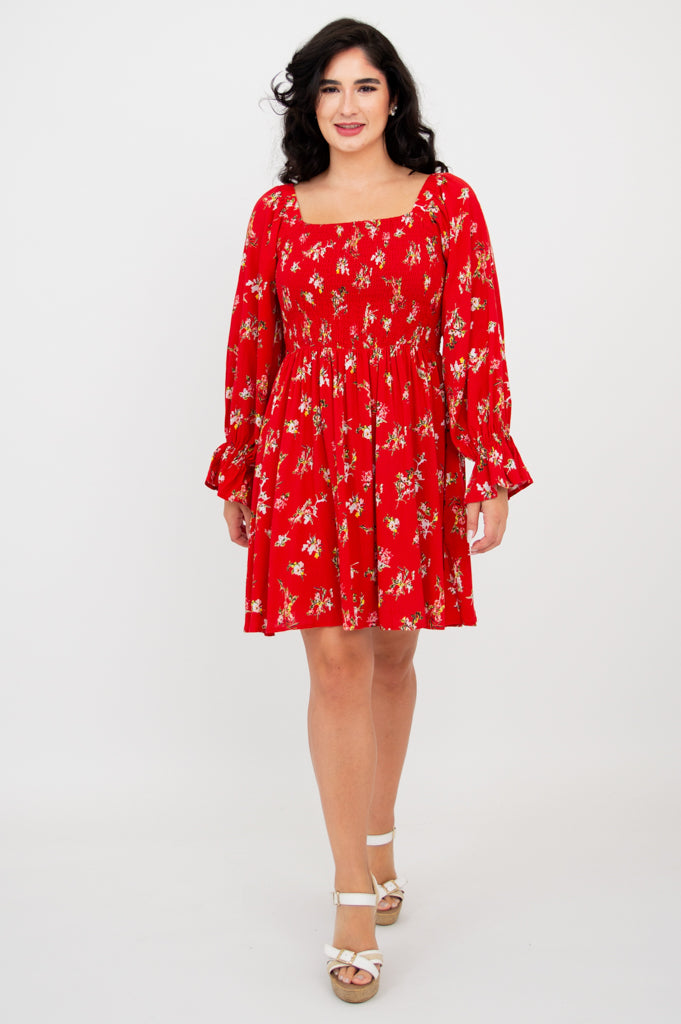 Eden Dress - Red Ditsy Floral Print Linen Bamboo Blend Summer Dress for Women | Perfect for Beach Vacations, Garden Parties & Casual Outings