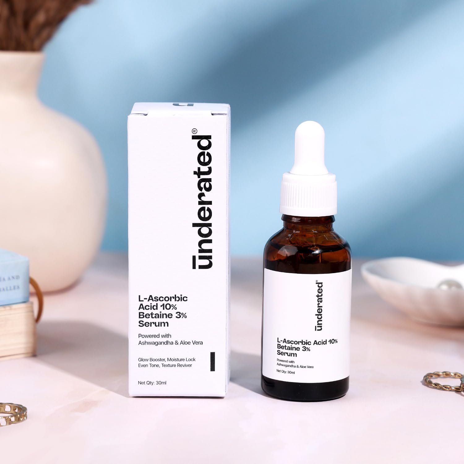 UNDERATED Vitamin C Serum for Face - 10% L-Ascorbic Acid & 3% Betaine with Ashwagandha & Aloe Vera | Brightening Serum for Glowing Skin, Moisture Lock, Even Skin Tone & Texture Revival | 30ml | Perfect for Daily Skincare Routine & Anti-Aging Treatment