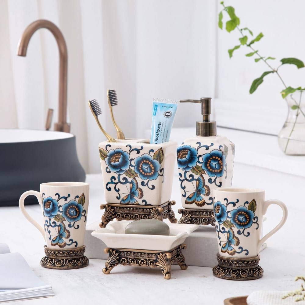 Vintage Ceramic Bathroom Accessories Set - 5 Piece Blue Floral Butterfly Soap Dispenser, Toothbrush Holder, Soap Dish & 2 Tumblers for Home, Hotel Vanity | Elegant Bathroom Decor with Beige Finish | Perfect for Guest Bathrooms, Spa Retreats & Luxury Hotel Suites