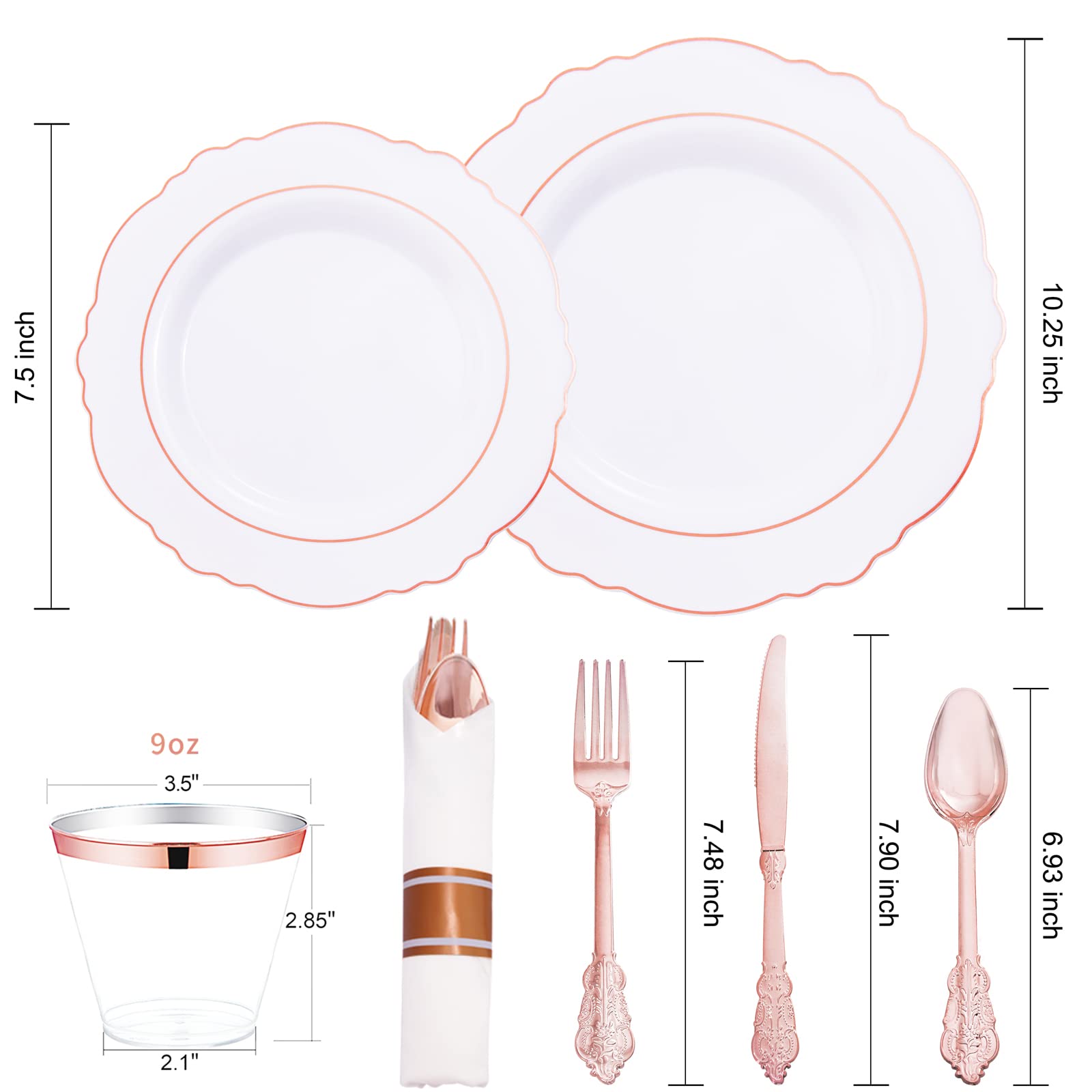 350-Piece Disposable Rose Gold Plastic Dinnerware Set - Elegant Baroque Design with 100 Plates, 50 Pre-Rolled Napkins & 50 Cups | Perfect for Weddings, Parties, Bridal Showers & Elegant Events
