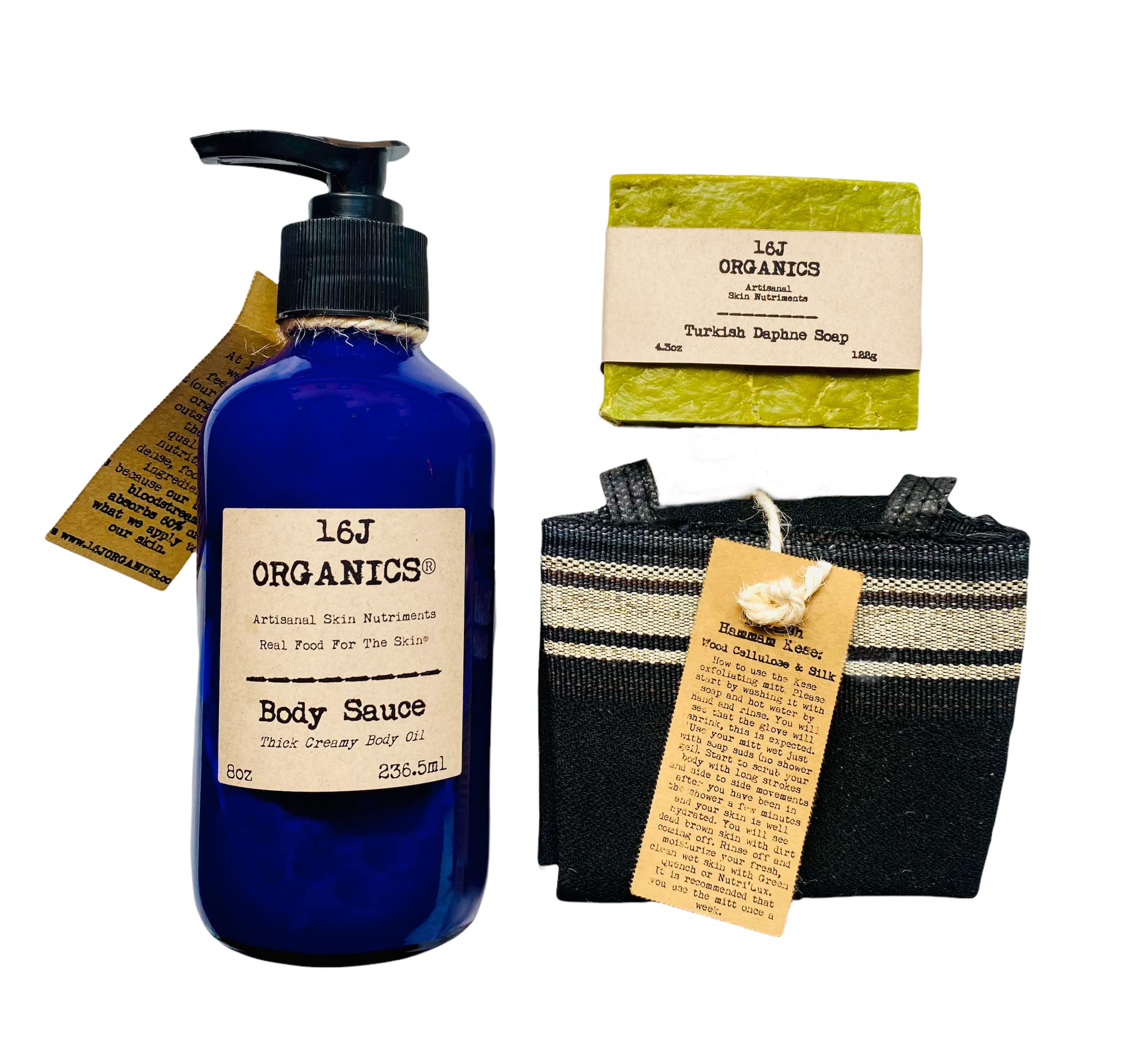 Organic 100% Natural Turkish Bath Spa Set - 8oz Hammam Body Sauce & Creamy Oil Moisturizer with Kese Scrub Mitt & Artisan Laurel Soap | Relaxing Body Care for Home Spa, Gift Sets & Self-Care Rituals