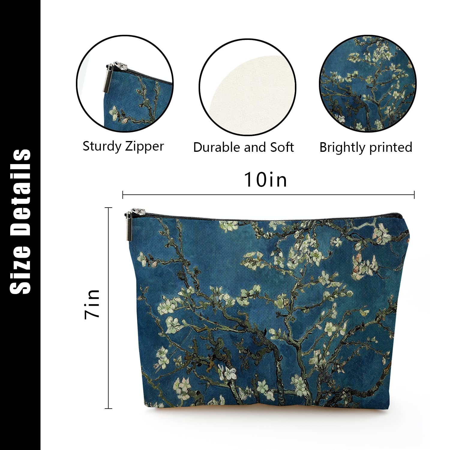 Large Makeup Bag for Women - Waterproof Travel Cosmetic Organizer with Zipper, 7x10 Inch Toiletry Pouch (Almond Blossom Pattern) - Perfect for Travel, Gym, and Daily Beauty Storage