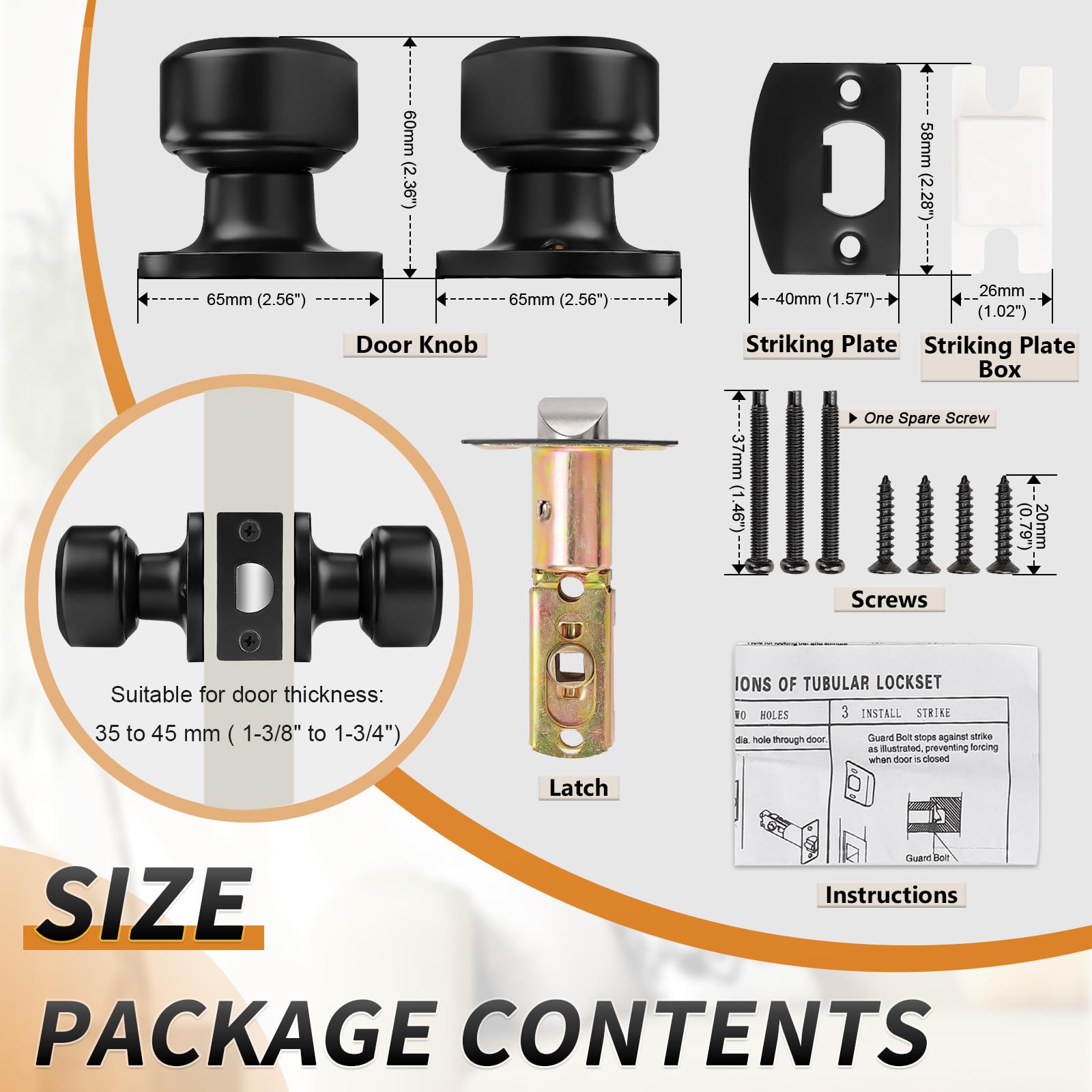 Modern Keyless Passage Locks - Black Cylindrical Door Knobs for Kitchen, Kids Room & Hallway