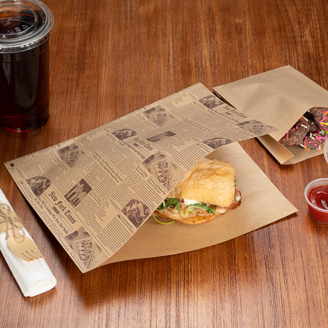 Eco-Friendly Greaseproof Newsprint Paper Bags - Large Double Open Design (10x9 Inches) - 100 Count Box - Perfect for Food Packaging, Takeout & Bakery Storage