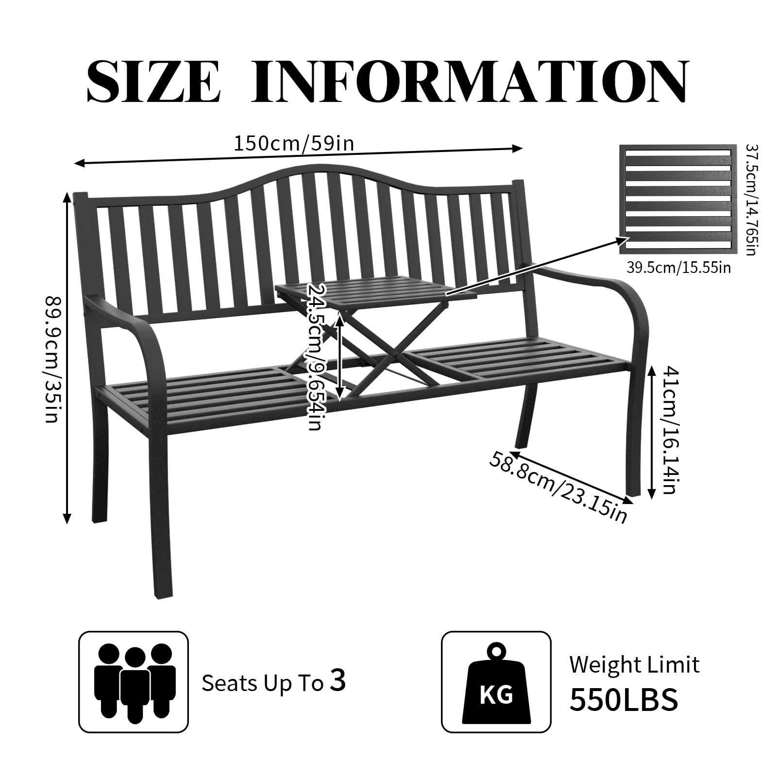 SHGJ&SOFT Outdoor Garden Bench with Small Table - Durable Cast Iron Metal Frame Patio Park Bench for Porch, Lawn, Yard & Backyard - Perfect for Relaxing, Entertaining & Outdoor Decor (D2644BK-1)