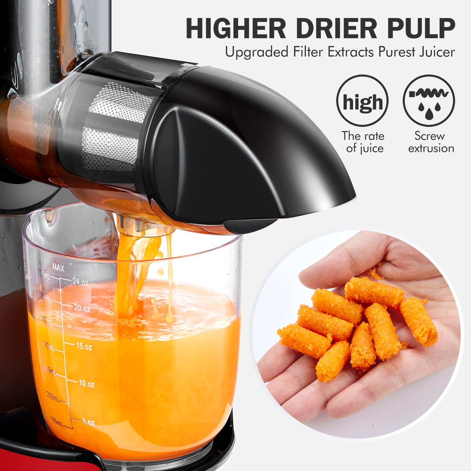 AMZCHEF Slow Juicer - Quiet Masticating Cold Press Juicer with Reverse Function for High Nutrient Fruit & Vegetable Juice, Easy to Clean with Brush, Red (Perfect for Healthy Smoothies, Detox Drinks & Family Breakfast)